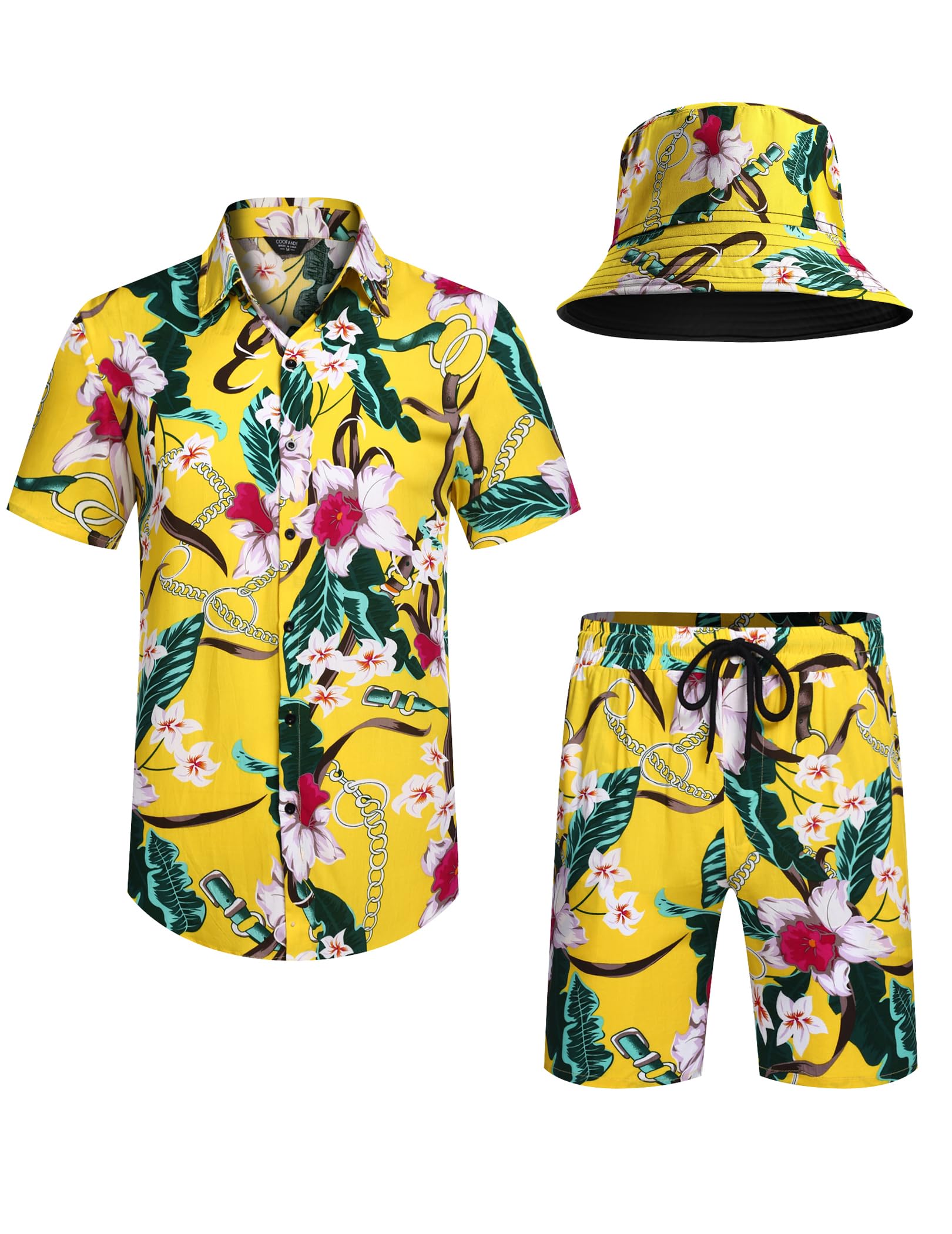 COOFANDY Men's Hawaiian Shirt and Shorts Set - Tropical Floral Print 2-Piece Beach Outfit with Bucket Hat | Summer Vacation, Pool Party & Casual Wear