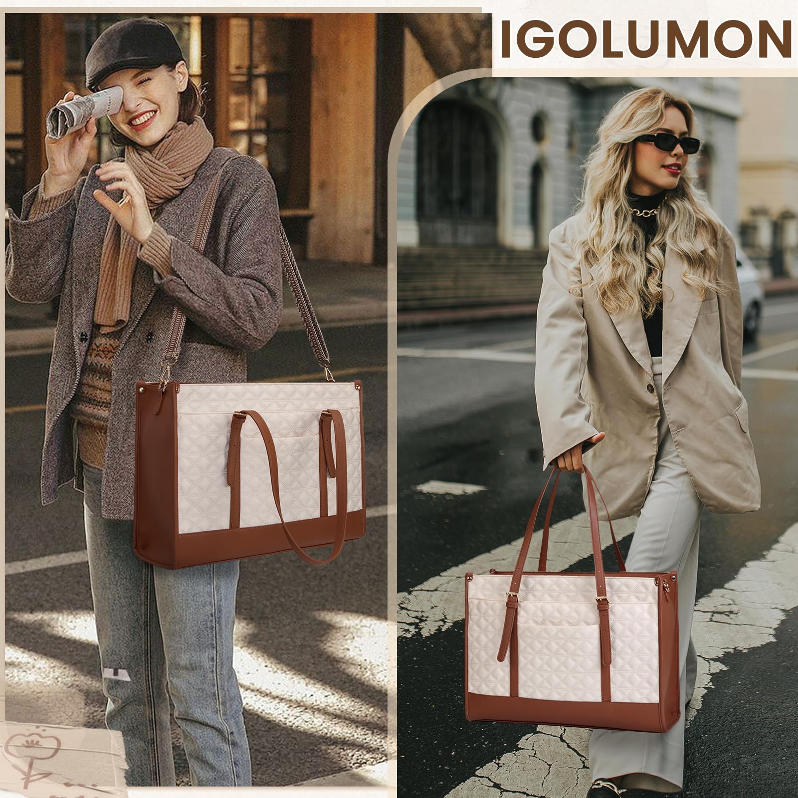 IGOLUMON Vegan Leather Laptop Bag for Women 15.6 Inch - Quilted Business Tote Briefcase for Work, Travel & Office - Stylish Computer Bag with Purse (Beige & Brown) - Perfect for Professionals, Teachers & Designers