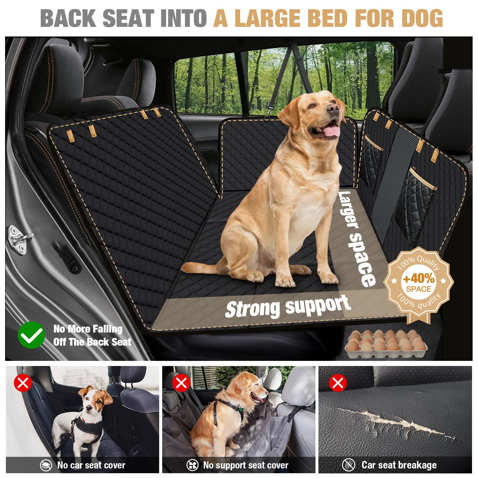 Lekespring Dog Car Seat Cover - Heavy Duty Back Seat Extender & Hammock for Large Dogs, SUV, Truck - Non-Slip Waterproof Pet Car Bed Protector (Black) | Perfect for Road Trips, Vet Visits & Outdoor Adventures