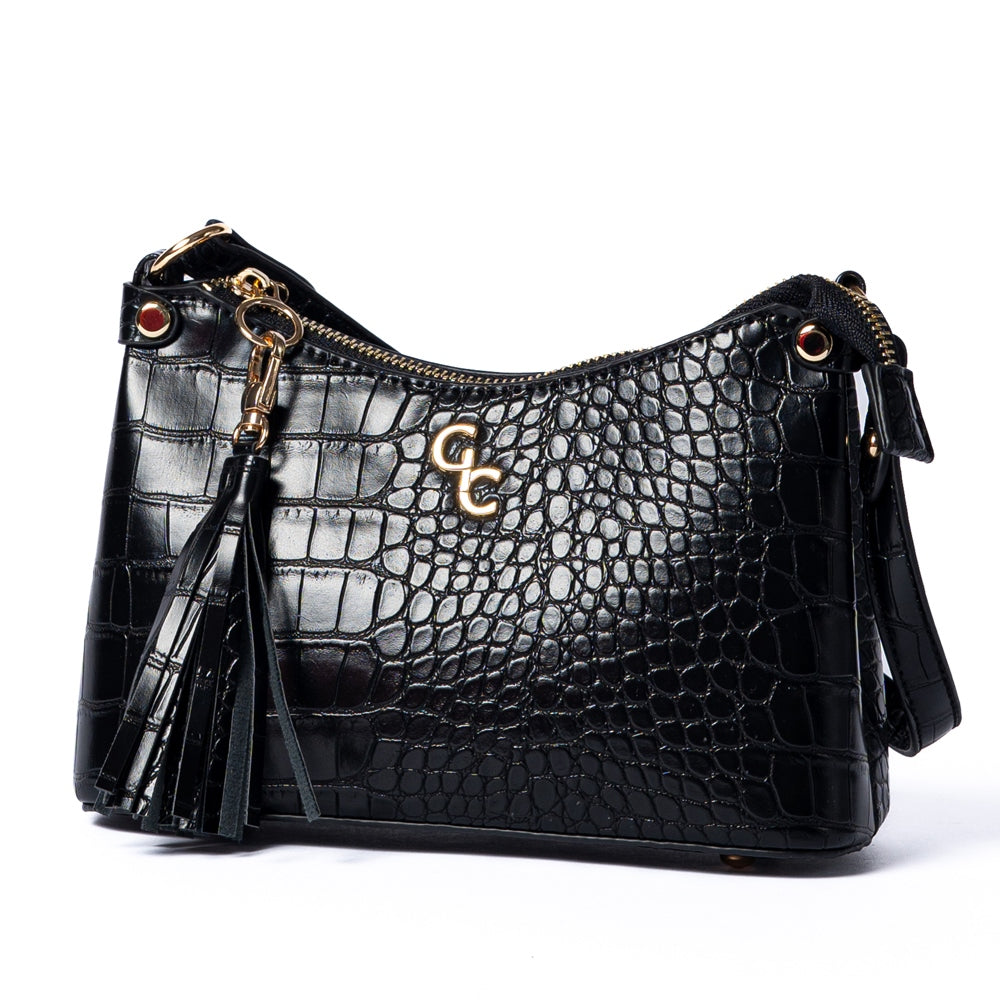 Galway Crystal Fashion Mini Shoulder Bag for Women - Black Crocodile Embossed Leather Crossbody Purse - Perfect for Work, Travel & Evening Out