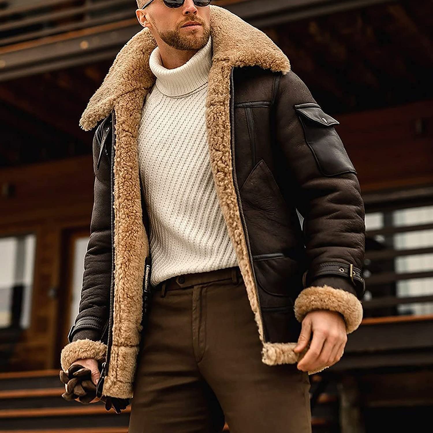 Genuine Men's Leather Bomber Jacket - Classic Pilot Style, Premium Coffee Brown, Size XX-Large - Perfect for Casual Wear, Motorcycle Riding & Outdoor Adventures