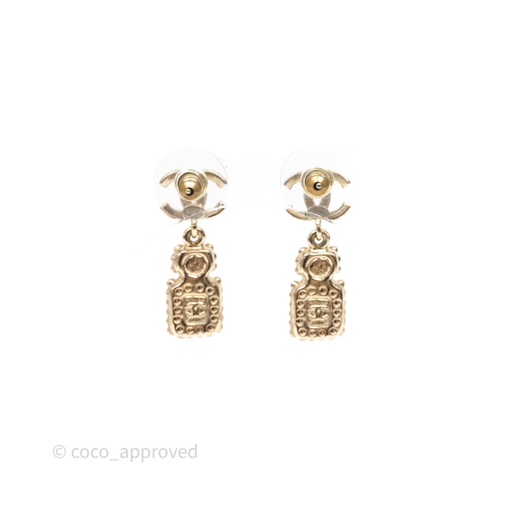 Chanel CC Crystal Perfume Bottle Earrings - 21K Gold Tone Fashion Jewelry for Women | Perfect Gift for Birthday, Anniversary & Special Occasions