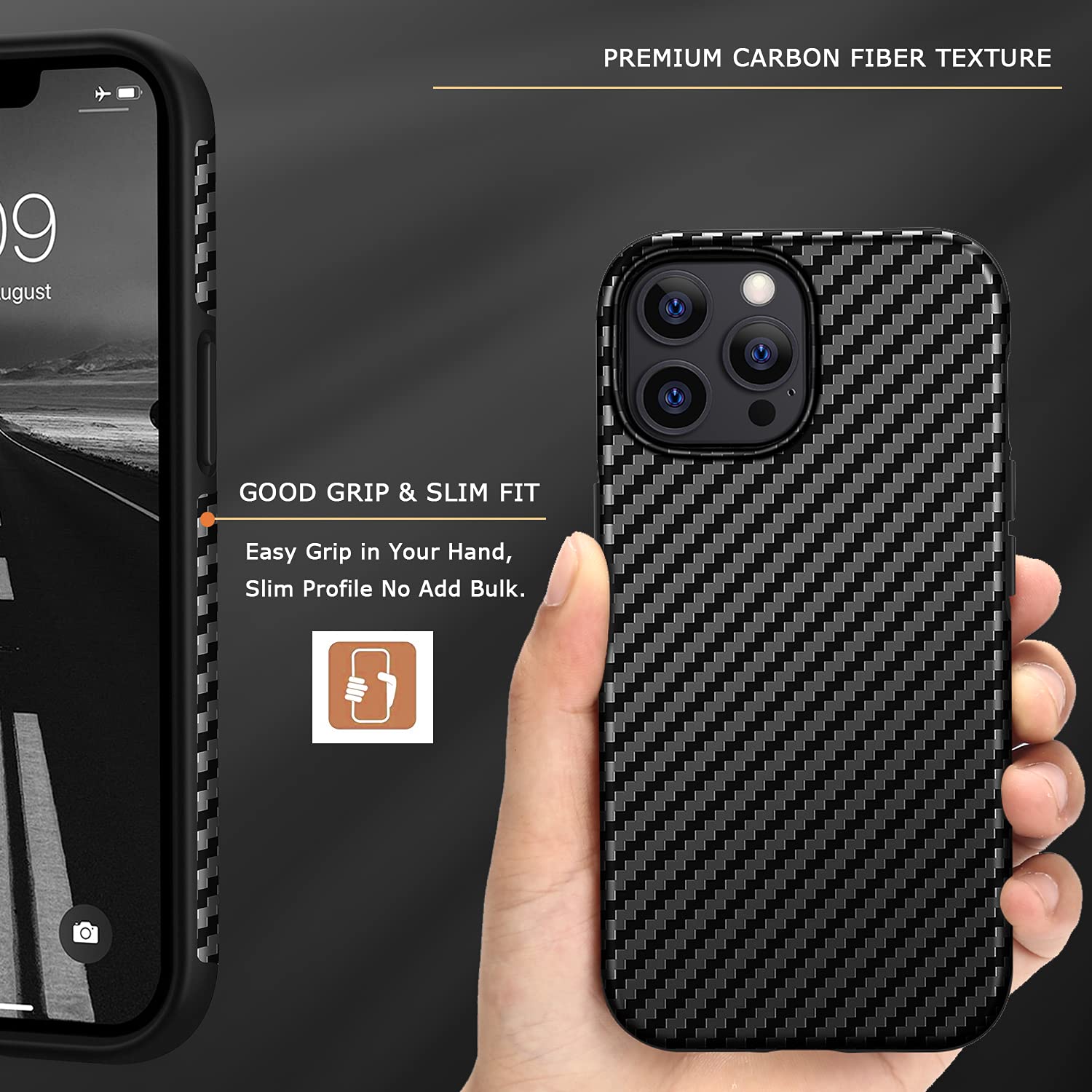 Premium Tasikar Leather Case for iPhone 13 Pro - Carbon Fiber Texture with Silicone Bumper & Hard Back Cover | Protective 6.1
