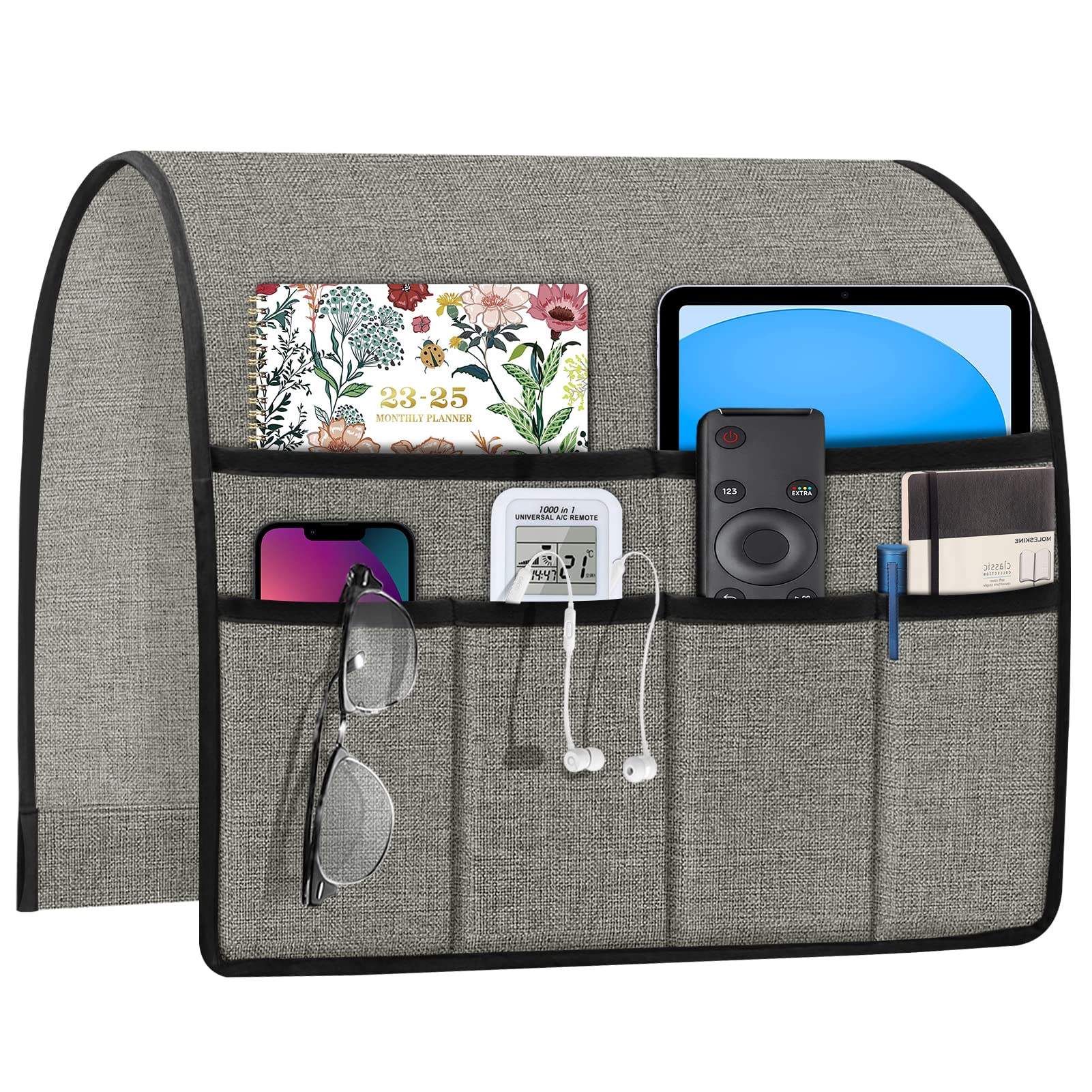 Joywell Recliner Chair Organizer - Non-Slip Armrest Caddy with 6 Pockets for Remote, Tablet, Phone, iPad & Magazine - Light Grey - Perfect for Living Room, Bedroom & Home Theater Comfort