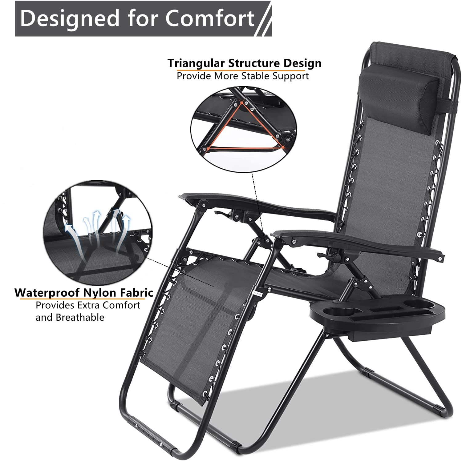BSTOPHKL Zero Gravity Lounge Chairs Set of 2 - Adjustable Reclining Outdoor Folding Chairs with Headrest Pillow & Cup Holder - Perfect for Patio, Deck, Beach, Camping, Backyard & Poolside Relaxation