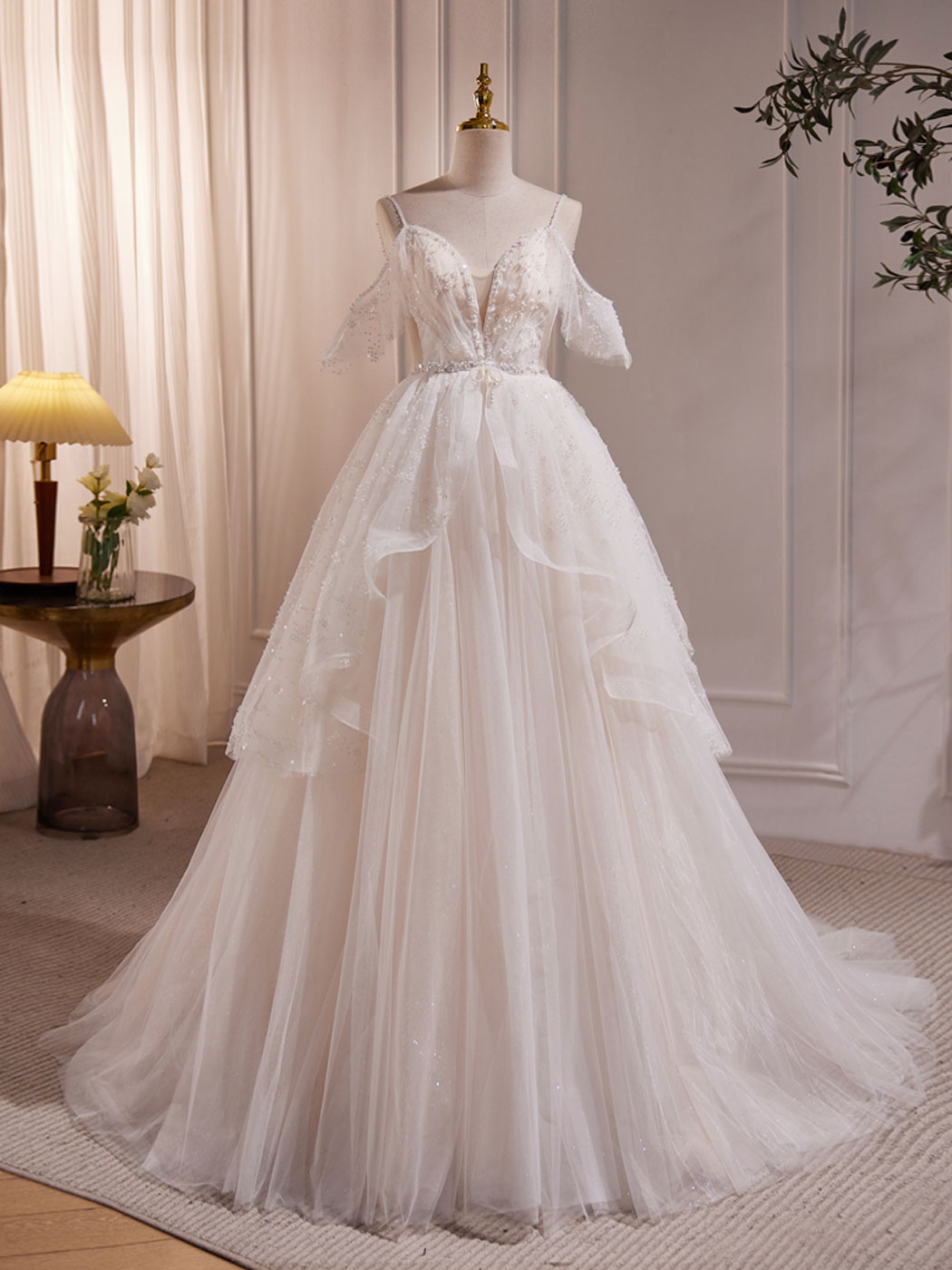 Elegant Beige A-Line Tulle Beaded Long Prom Dress - Formal Evening Gown for Homecoming, Wedding, and Special Occasions