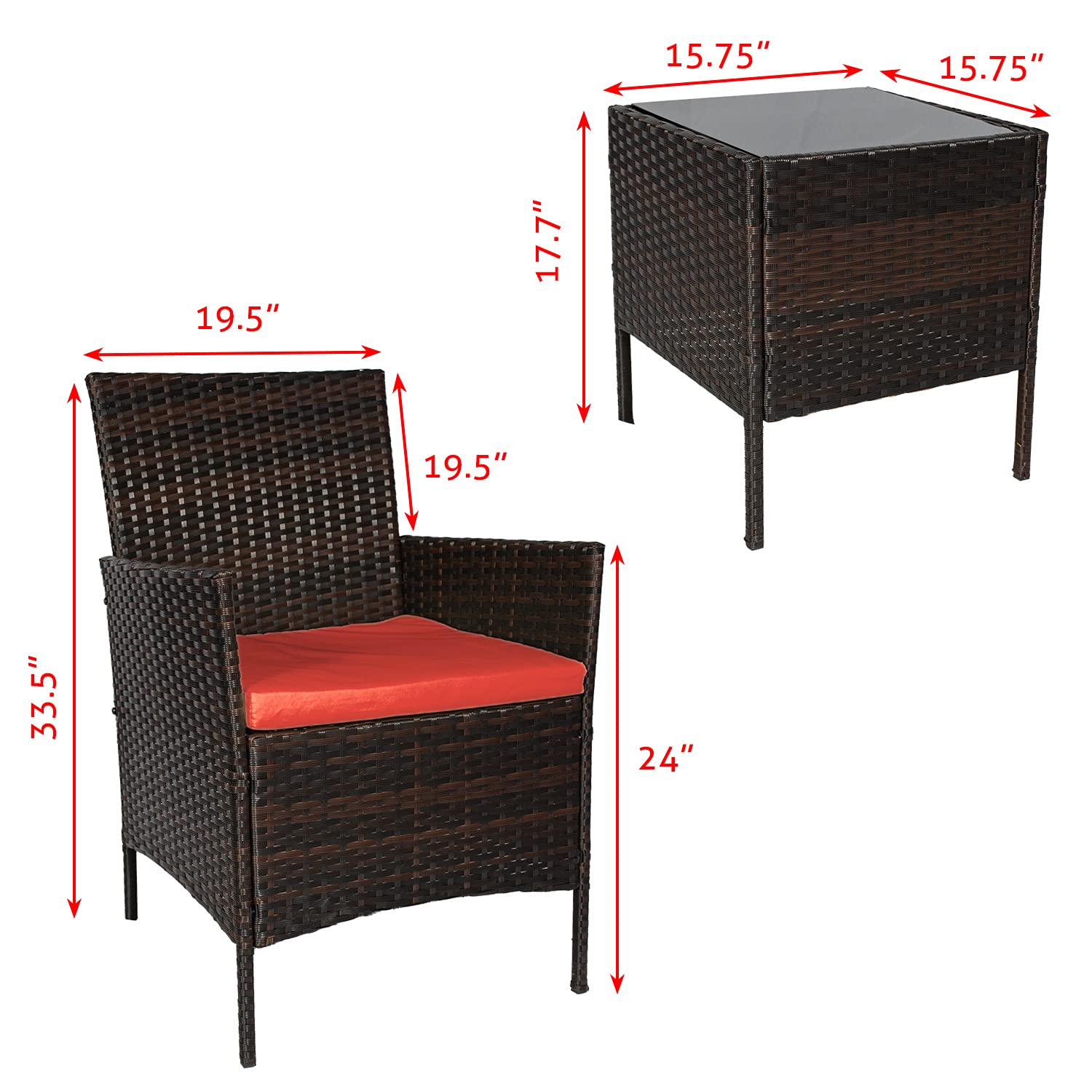 Fine Style 3-Piece Patio Furniture Set - Outdoor Wicker Rattan Conversation Set with Coffee Table, Chairs & Thick Cushions - PE Wicker Porch Set for Garden, Lawn, Backyard, Poolside (Brown-Rust) - Perfect for Outdoor Entertaining & Relaxation