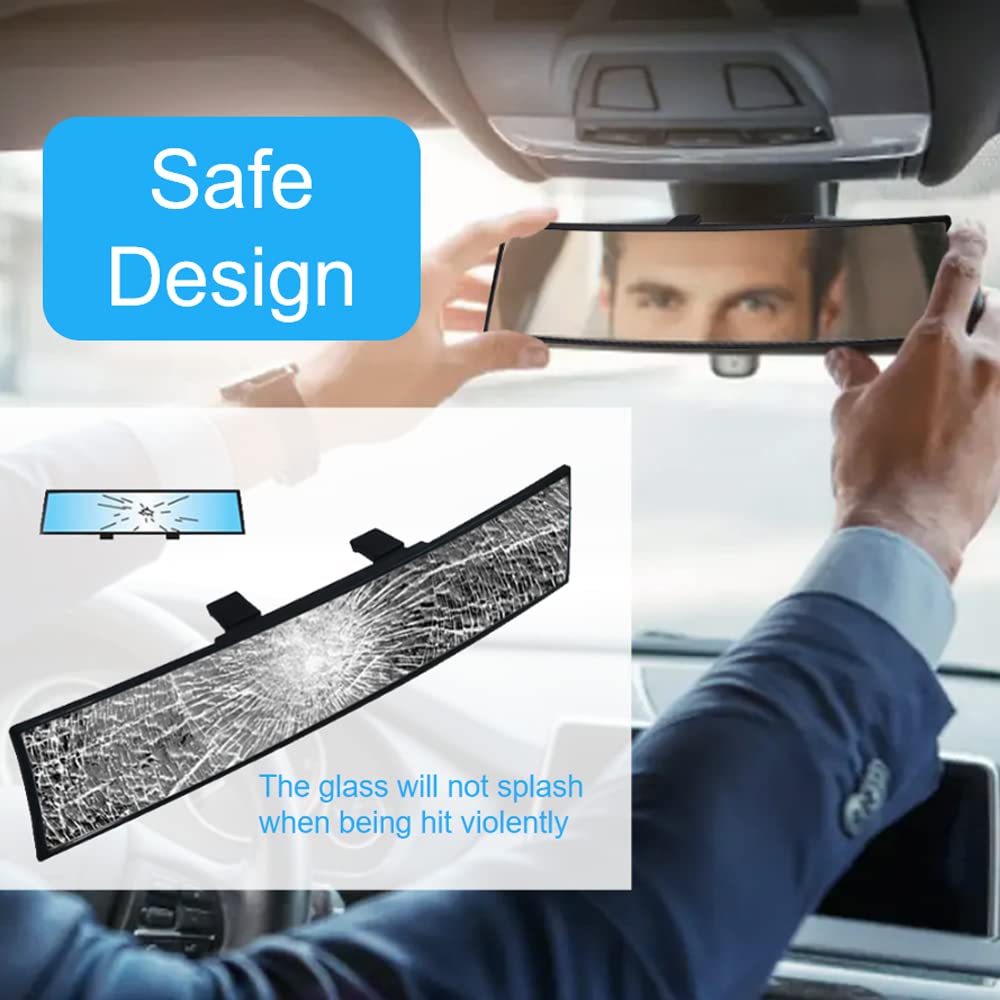 12 Inch HD Anti-Glare Panoramic Wide Angle Clip-On Car Rearview Mirror - Universal Fit for Cars, SUVs & Trucks (Blue) - Improves Visibility & Reduces Blind Spots for Safer Driving