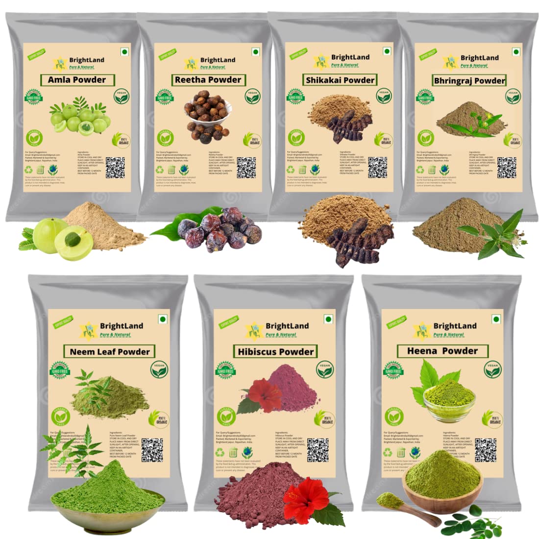 Brightland 100% Pure Amla Reetha Shikakai Hibiscus Bhringraj Henna Neem Leaf Powder for Hair Growth & Skin Care | Natural Ayurvedic Shampoo & Hair Pack | Anti-Dandruff Treatment | 50g Each (Total 350g) | Perfect for DIY Hair Masks & Scalp Treatments at Home