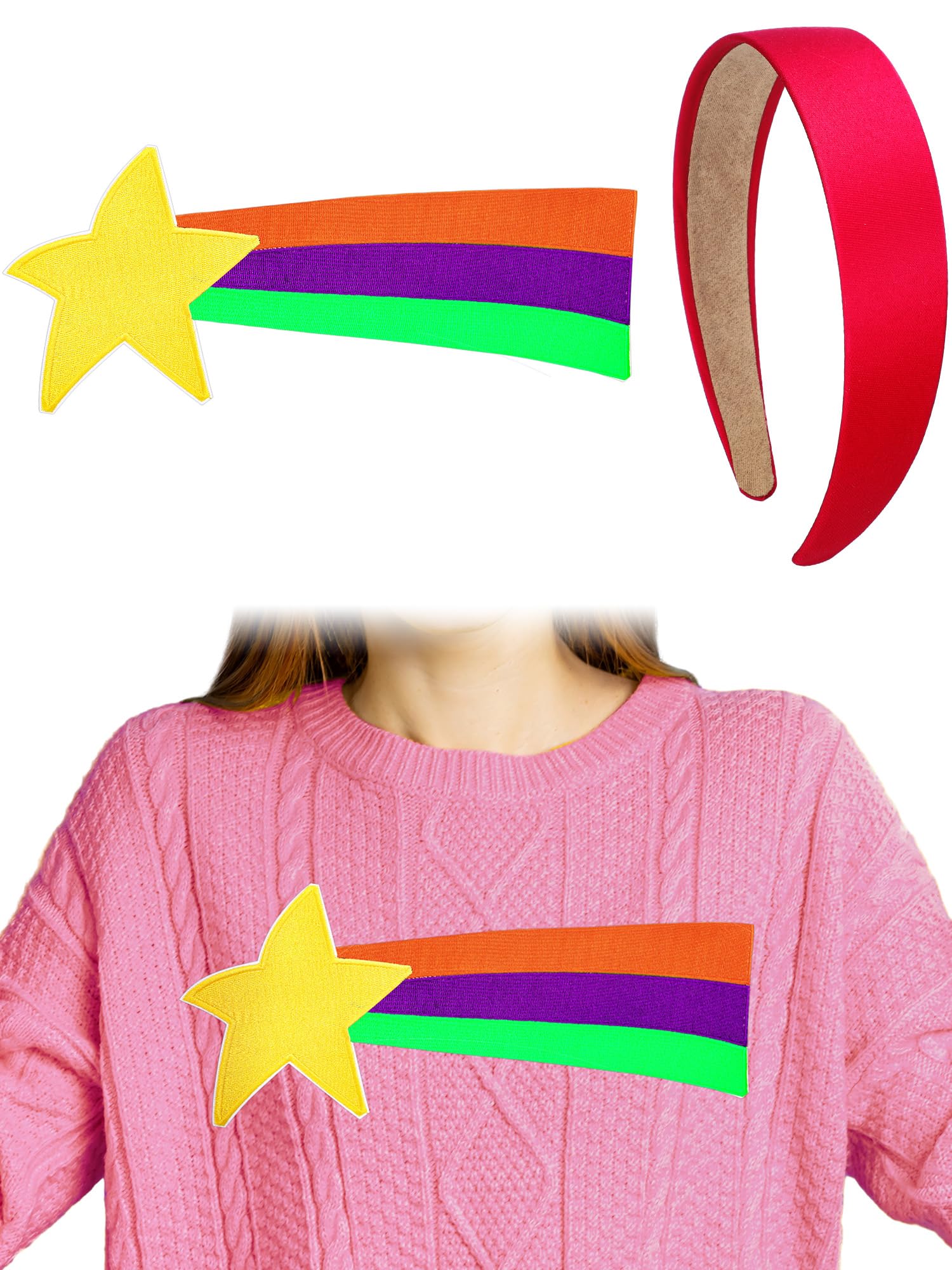 2 Pcs Shooting Star Patch & Pink Satin Headband Set - Women's Cartoon Cosplay Costume Accessories for Halloween, Anime Parties & Dress Up Play