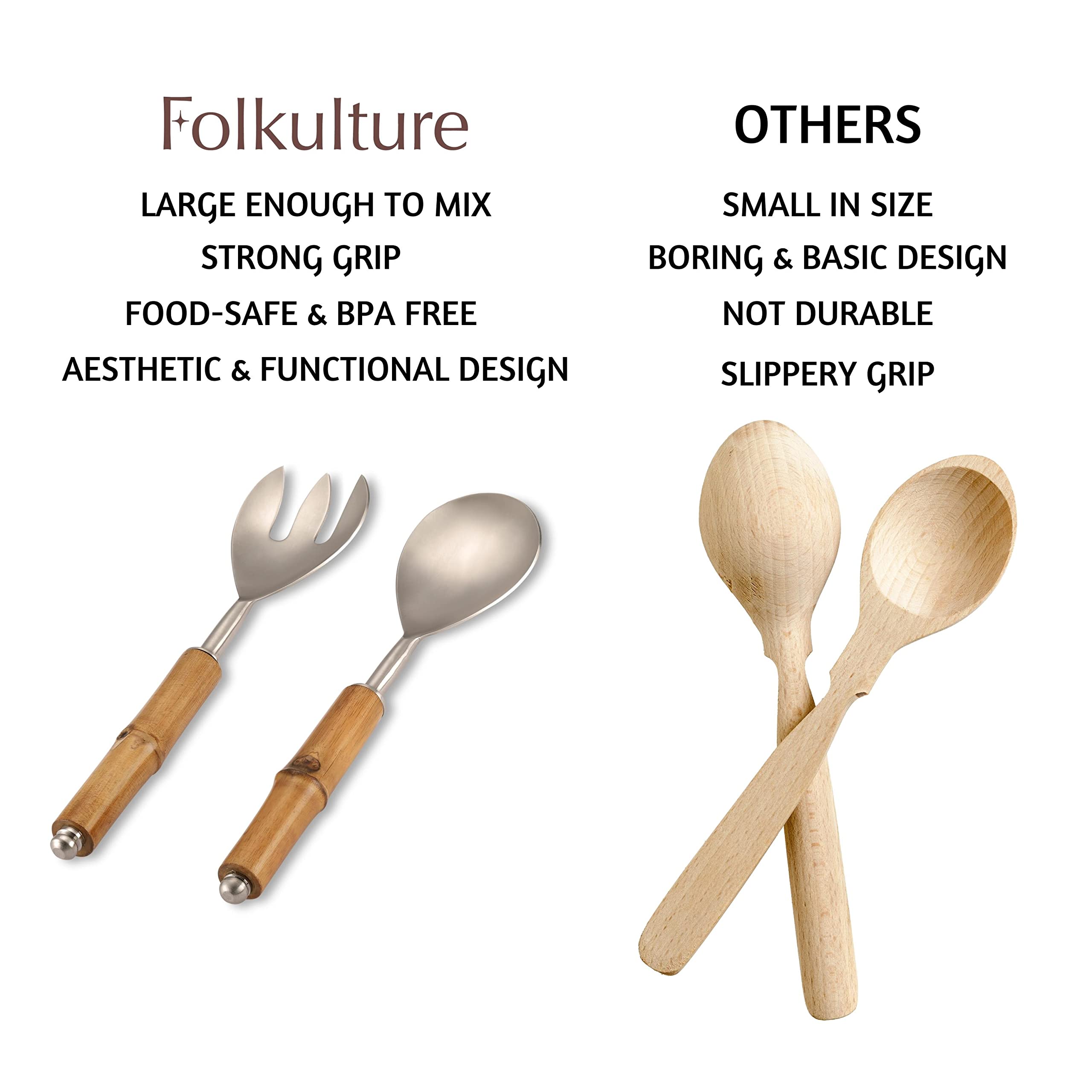 Folkulture Stainless Steel Salad Servers Set - 12 Inch Tongs, Spoon & Fork with Bamboo Handle for Modern Cooking (Silver) - Perfect for Salad Bars, BBQs, and Dinner Parties