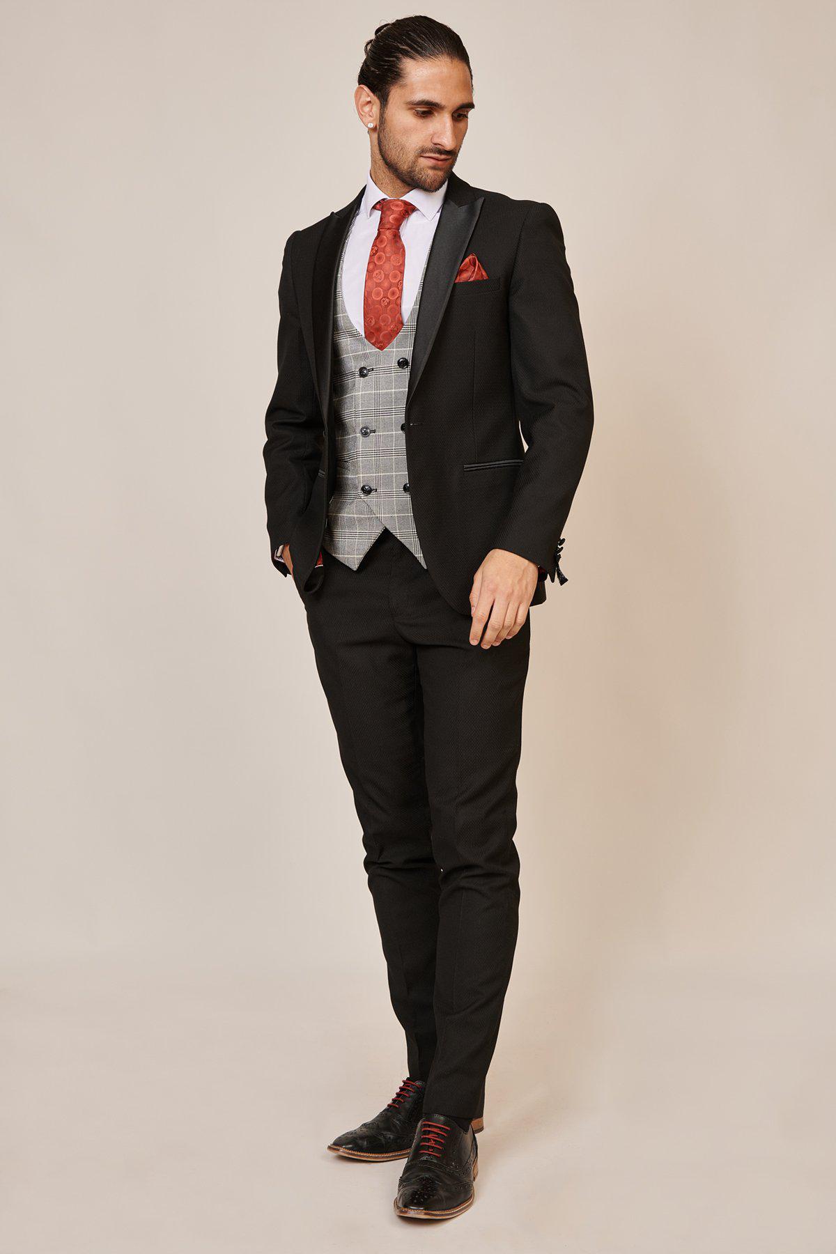 Dalton Black Tuxedo Lapel Suit with Ross Waistcoat - Premium Men's Formal Wear for Weddings, Prom & Black Tie Events