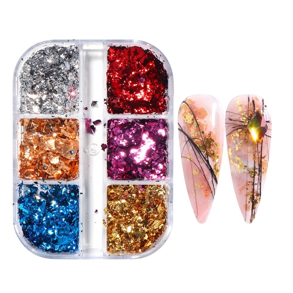 6 Grids DIY Manicure Irregular Mirror Sparkly Nail Sequins & Foils - Luxury Nail Glitter Flakes for Acrylic Nails, Gel Polish, Nail Art Designs & Home Salon Decor