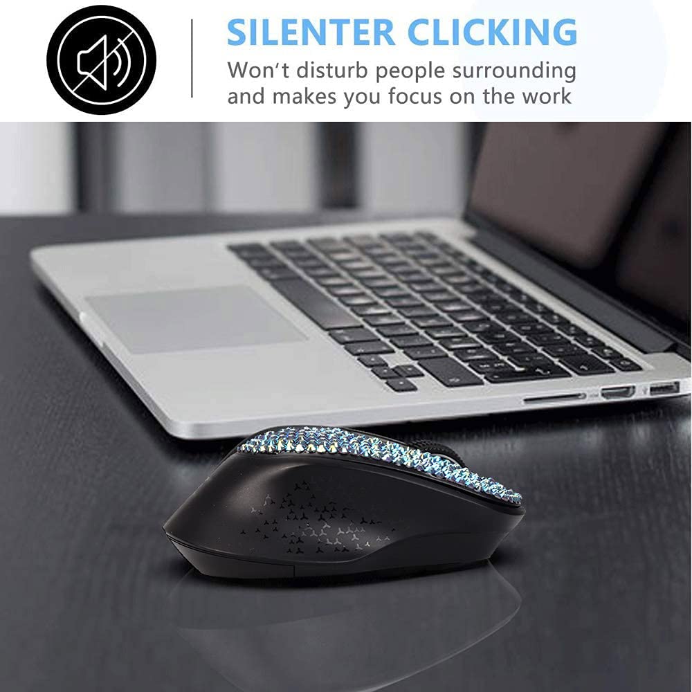 Bling Bluetooth Wireless Mouse with Sparkle Rhinestones - Dual Mode Bluetooth & USB Receiver, 1500 DPI Adjustable for Laptop, PC, Mac, Tablet - Perfect for Office Work, Gaming & Travel (Blue)