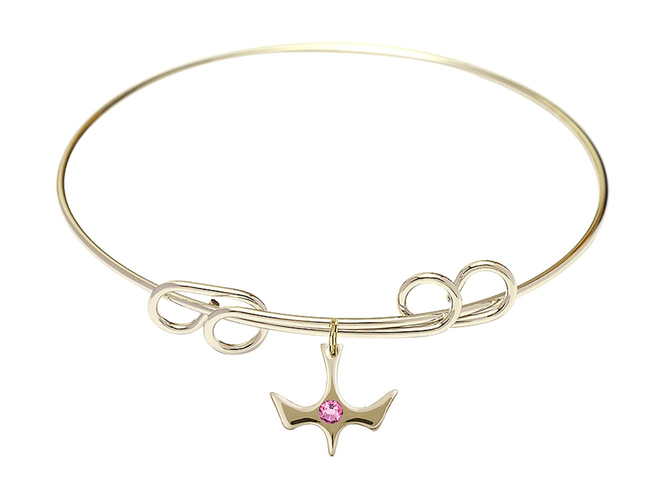 8 Inch Round Double Loop Bangle Bracelet with Holy Spirit Medal Charm & Rose Crystal - Elegant Religious Jewelry for Women, Perfect for Church, Weddings, and Special Occasions