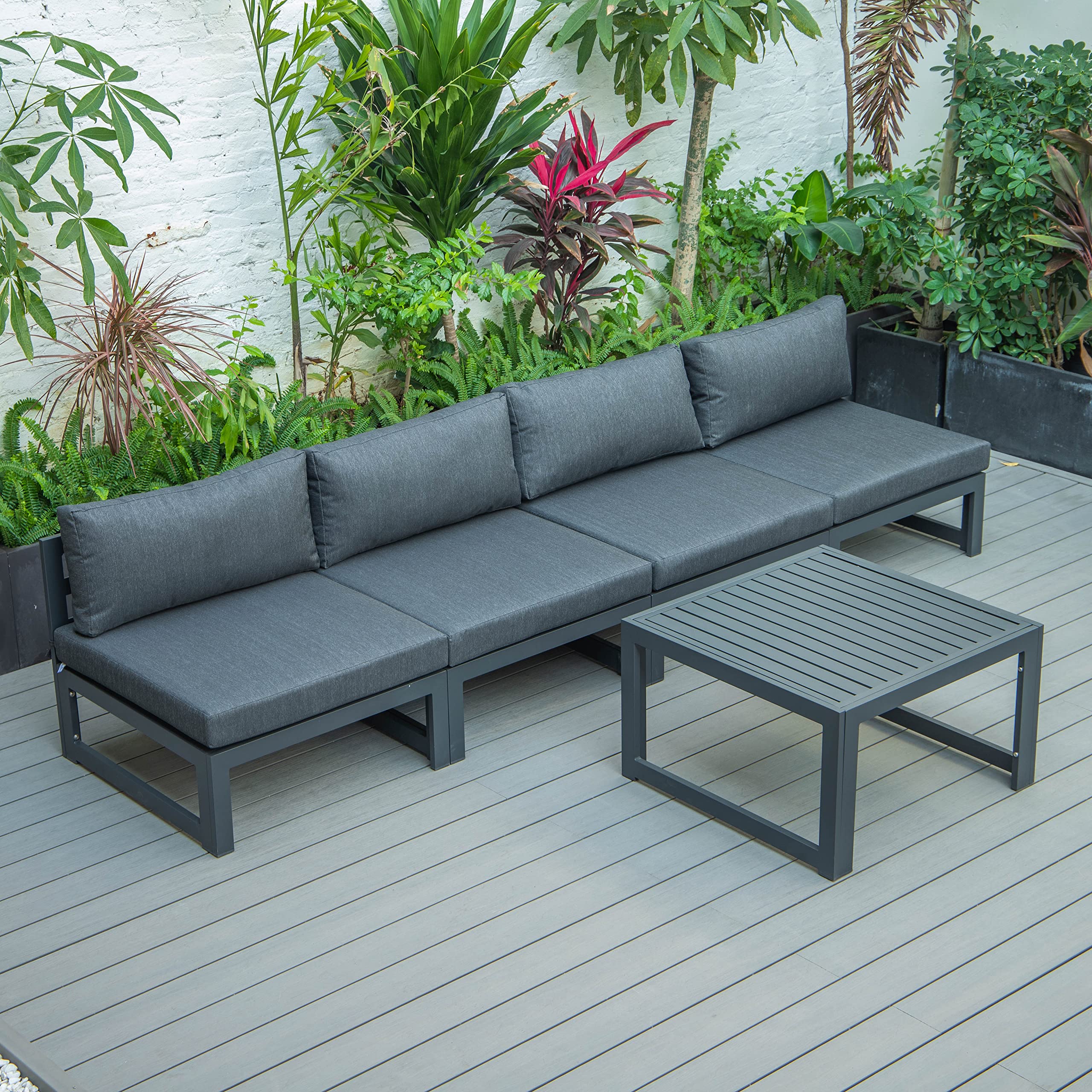LeisureMod Chelsea 5-Piece Outdoor Patio Furniture Set - Black Aluminum Chairs & Coffee Table for Garden, Poolside, Backyard & Deck Relaxation