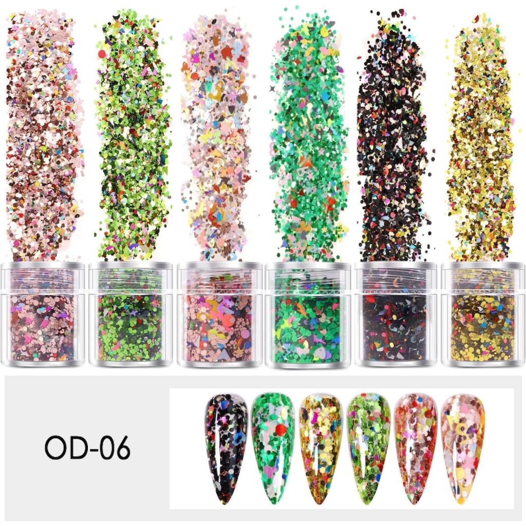 6-Piece Mixed Color & Shape Nail Art Glitter Set in Jars - Perfect for DIY Manicures, Nail Extensions & Salon Professional Use