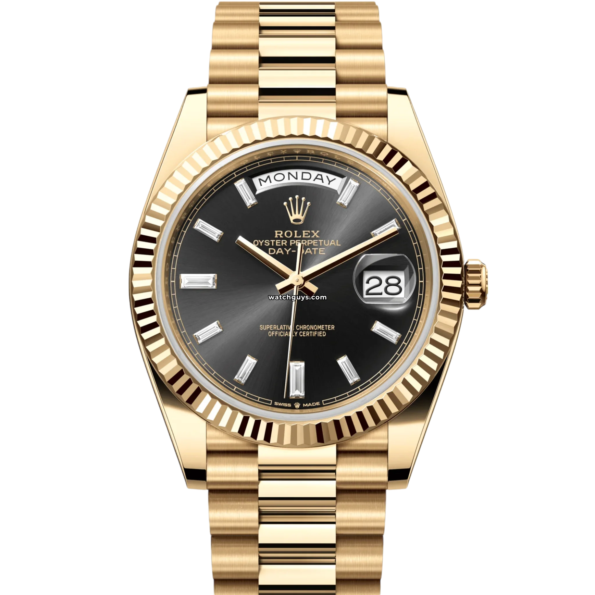 Rolex Day Date 228238 18K Yellow Gold Men's Watch with Black Diamond Baguette Dial - Luxury Dress Watch for Business & Formal Occasions