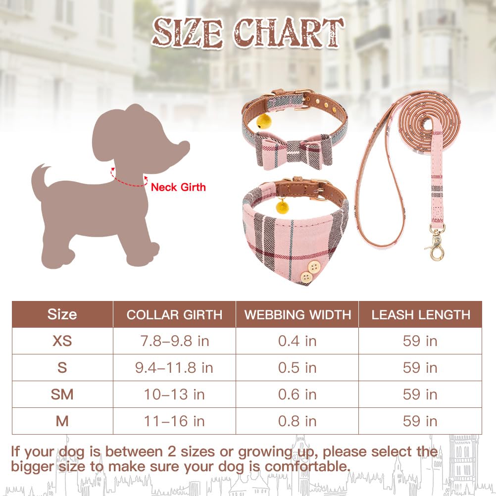 EXPAWLORER Adjustable Dog Collar and Leash Set with Plaid Bow Tie & Bandana - Tangle-Free Pet Accessories for Small, Medium, Large Dogs & Cats - Perfect for Holidays, Walks, Grooming & Photo Shoots
