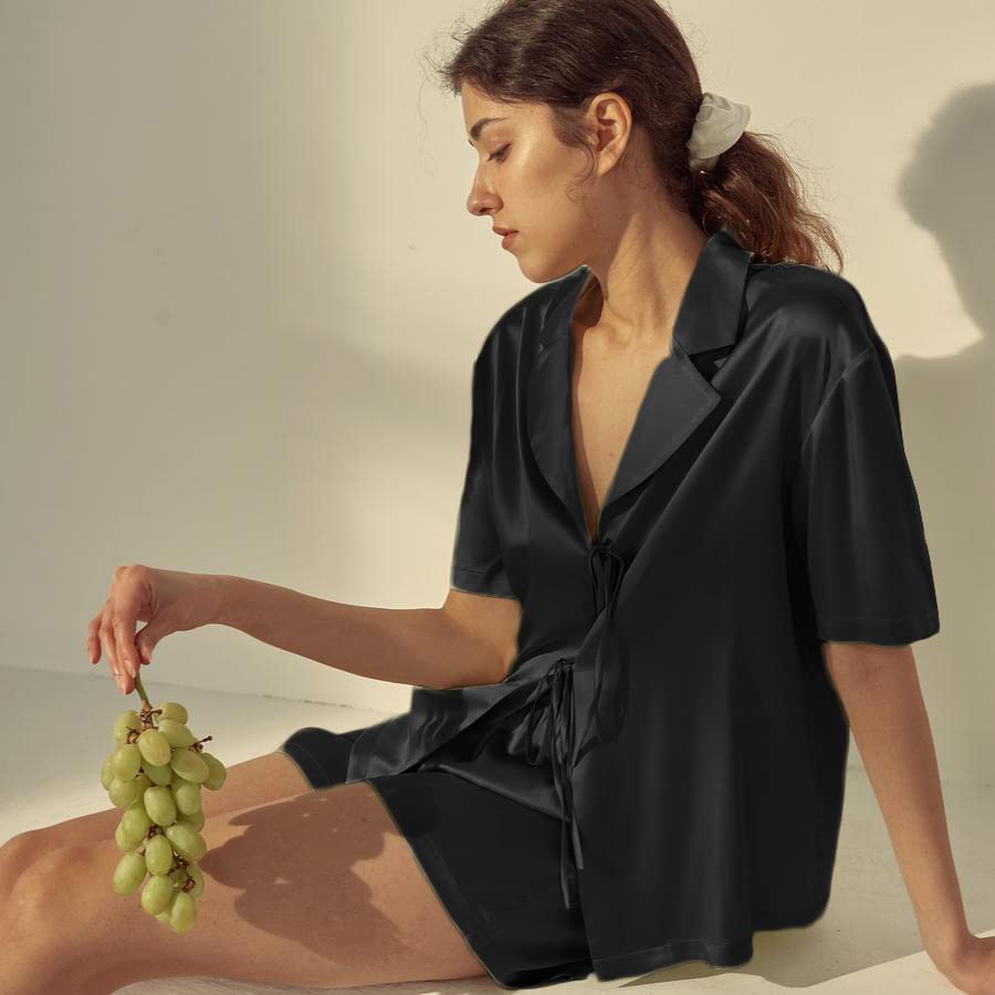 CHYRII Women's Silk Satin Pajama Set - Tie Front Short Sleeve Top & Lounge Shorts - Soft Sleepwear for Women - Perfect for Bedtime, Lounging & Summer Nights