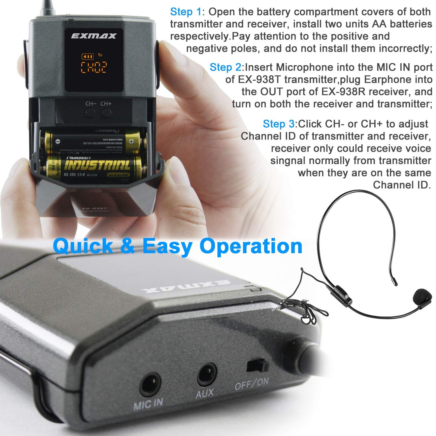 EXMAX EX-938 UHF Wireless Headset Microphone System - Tour Guide, Interpreter, Translator Device with In-Ear Monitoring for Church, Conference & Simultaneous Interpretation (UHF-938-Single Transmitter) | Perfect for Multilingual Events, Religious Services & International Meetings