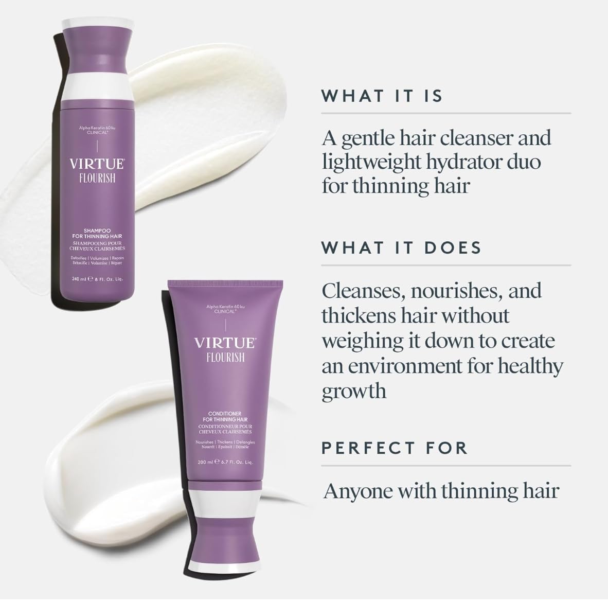 Virtue Flourish Shampoo & Conditioner Set with Density Booster Spray for Fine & Thinning Hair - Sulfate Free, Color Safe - Volumizing Hair Care for Daily Use & Styling