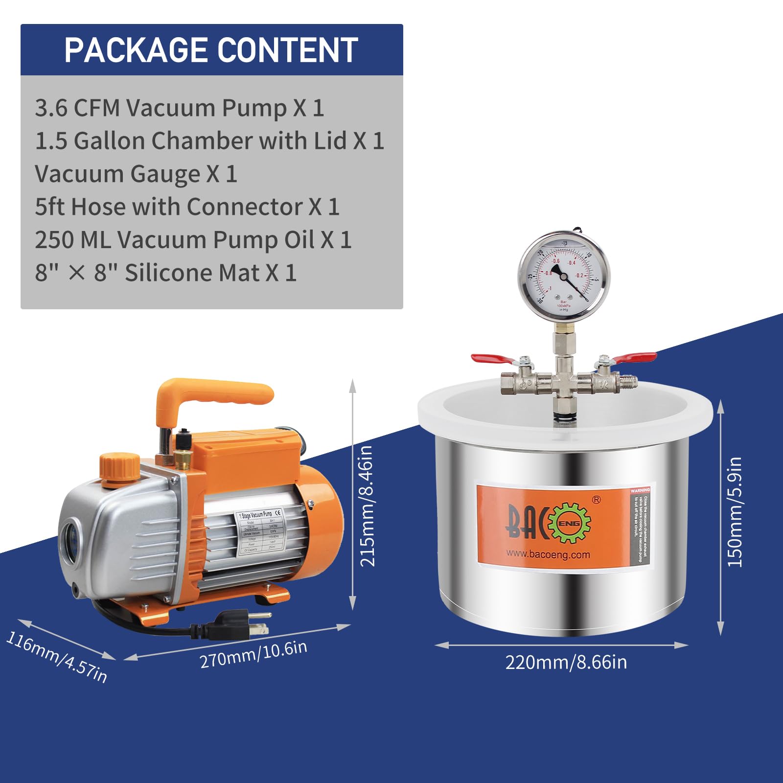 BACOENG 1.5 Gallon Vacuum Chamber Kit with 3.6 CFM Pump - Professional Degassing System for Resin, Silicone & Epoxy - Perfect for Jewelry Making, Casting & DIY Craft Projects