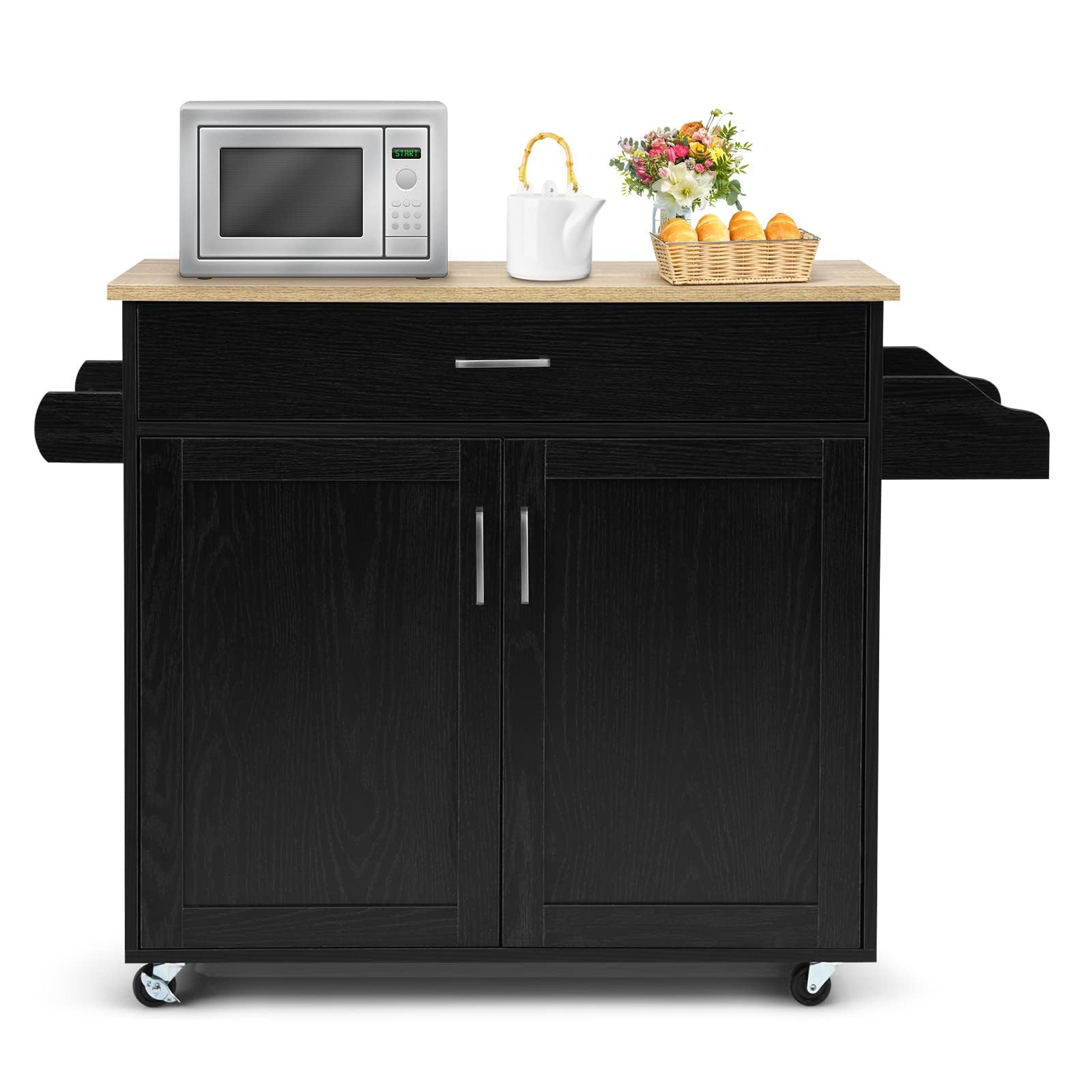 HAPPYGRILL Kitchen Island Cart with Wheels - Adjustable Shelf, Drawer, Spice Rack & 2-Door Cabinet - Mobile Kitchen Storage Trolley with Towel Holder - Wooden Rolling Cart for Dining Room & Small Spaces - Black    Perfect for small kitchens, apartment living, meal prep stations, buffet serving, and extra counter space in dining areas.