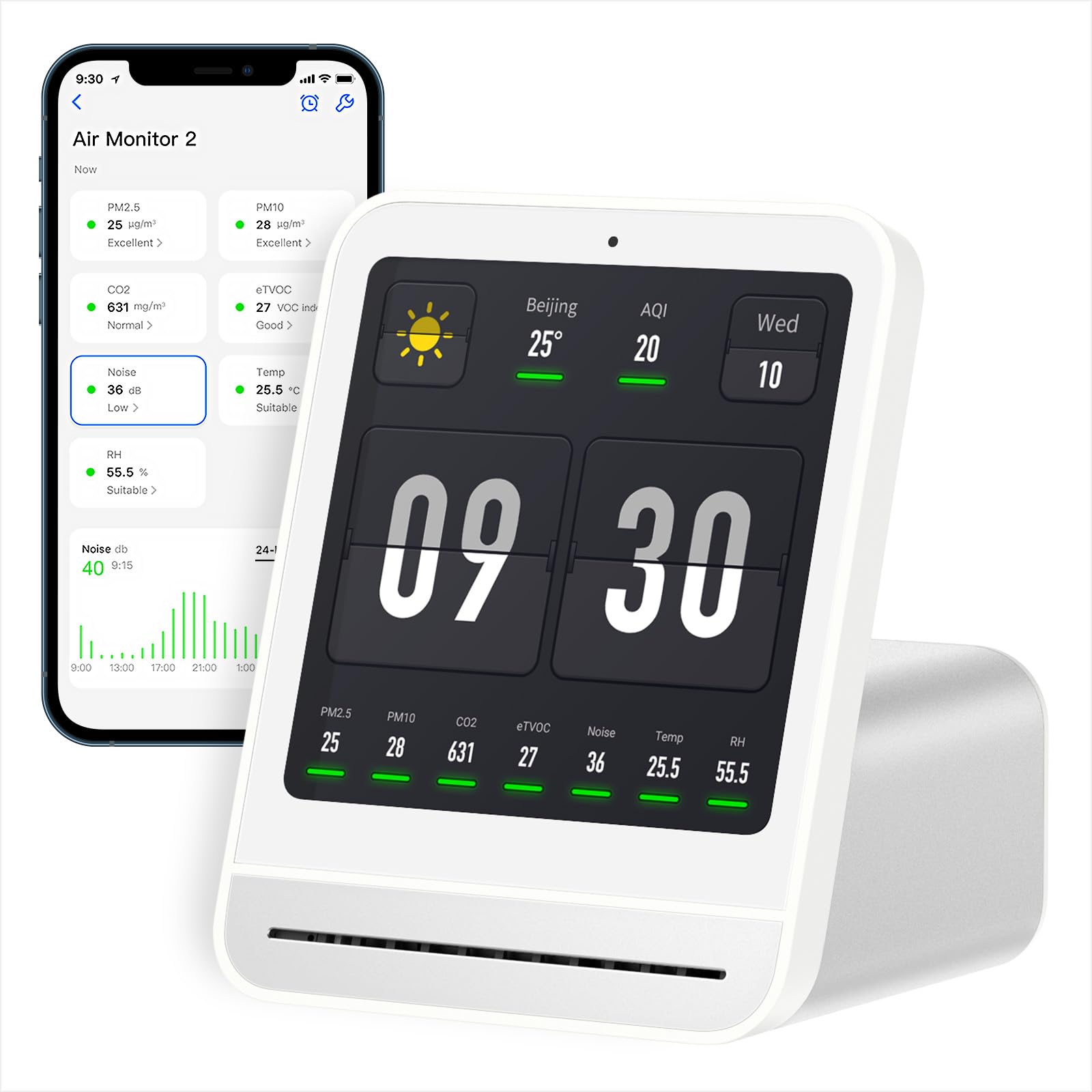 Qingping Air Quality Monitor Gen 2 - Indoor PM2.5, CO2, PM10, Noise, Temperature & Humidity Detector with Alarm Clock | Smart Home Air Tester for Bedroom, Office & Nursery | Real-time Air Quality Monitoring for Healthier Living