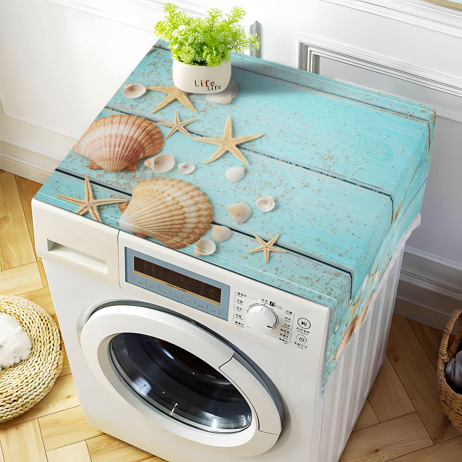51''x22'' Non-Slip Waterproof Washing Machine Cover - Summer Beach Seashell Starfish Design for Front Load Washer & Dryer, Dust Proof Refrigerator Top Mat with 4 Storage Bags | Perfect for Laundry Room, Beach House Decor & Home Organization