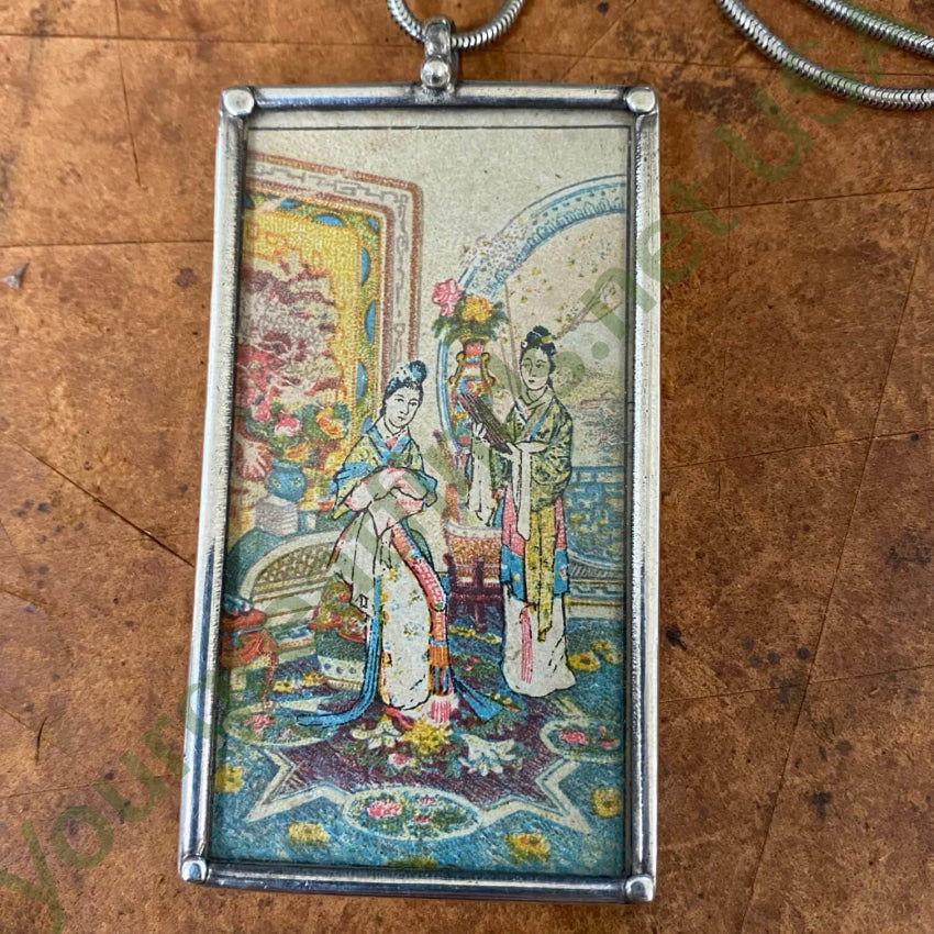 Vintage Chinese Paper Under Glass Sterling Silver Necklace - Handmade Antique Jewelry for Women, Perfect for Weddings & Special Occasions
