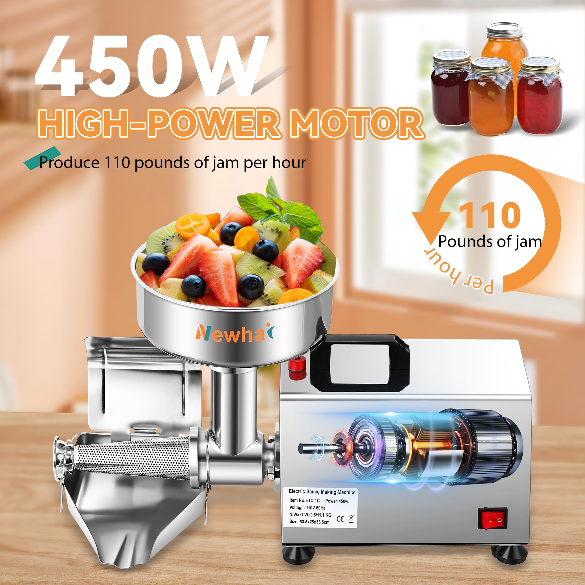 Newhai 450W Electric Tomato Strainer - Professional Grade Kitchen Tool for Making Sauces, Purees & Juices - Perfect for Home Canning, Italian Cooking & Restaurant Use