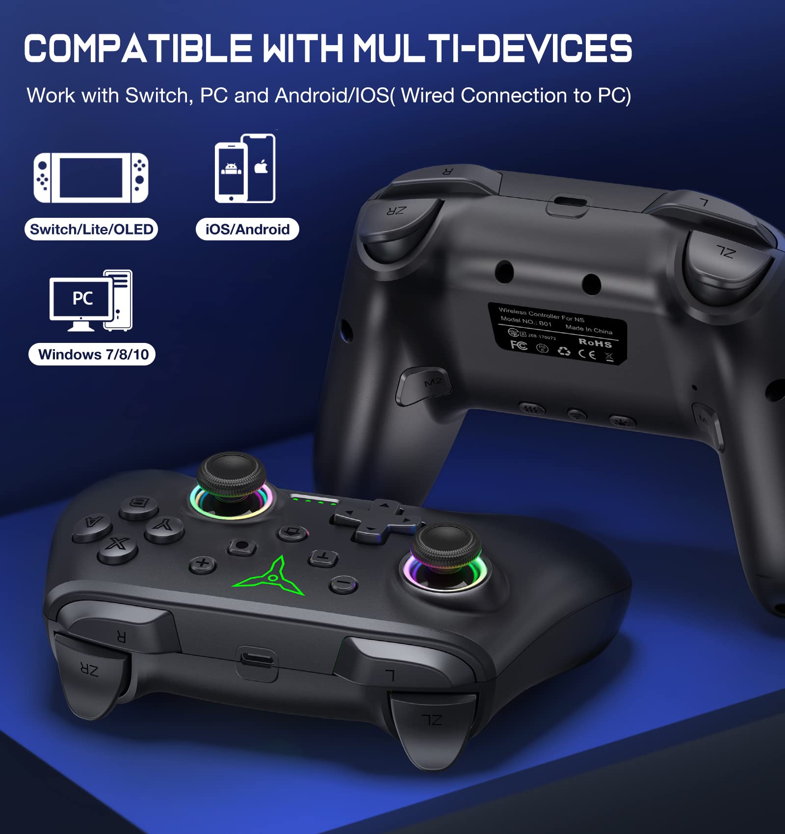 Wireless Switch Controller Compatible with Nintendo Switch, Switch Lite & OLED - RGB Lighting, Programmable, Turbo & Wake-Up Function for iOS, Android & PC - Perfect for Gaming, Streaming & Multiplayer Sessions