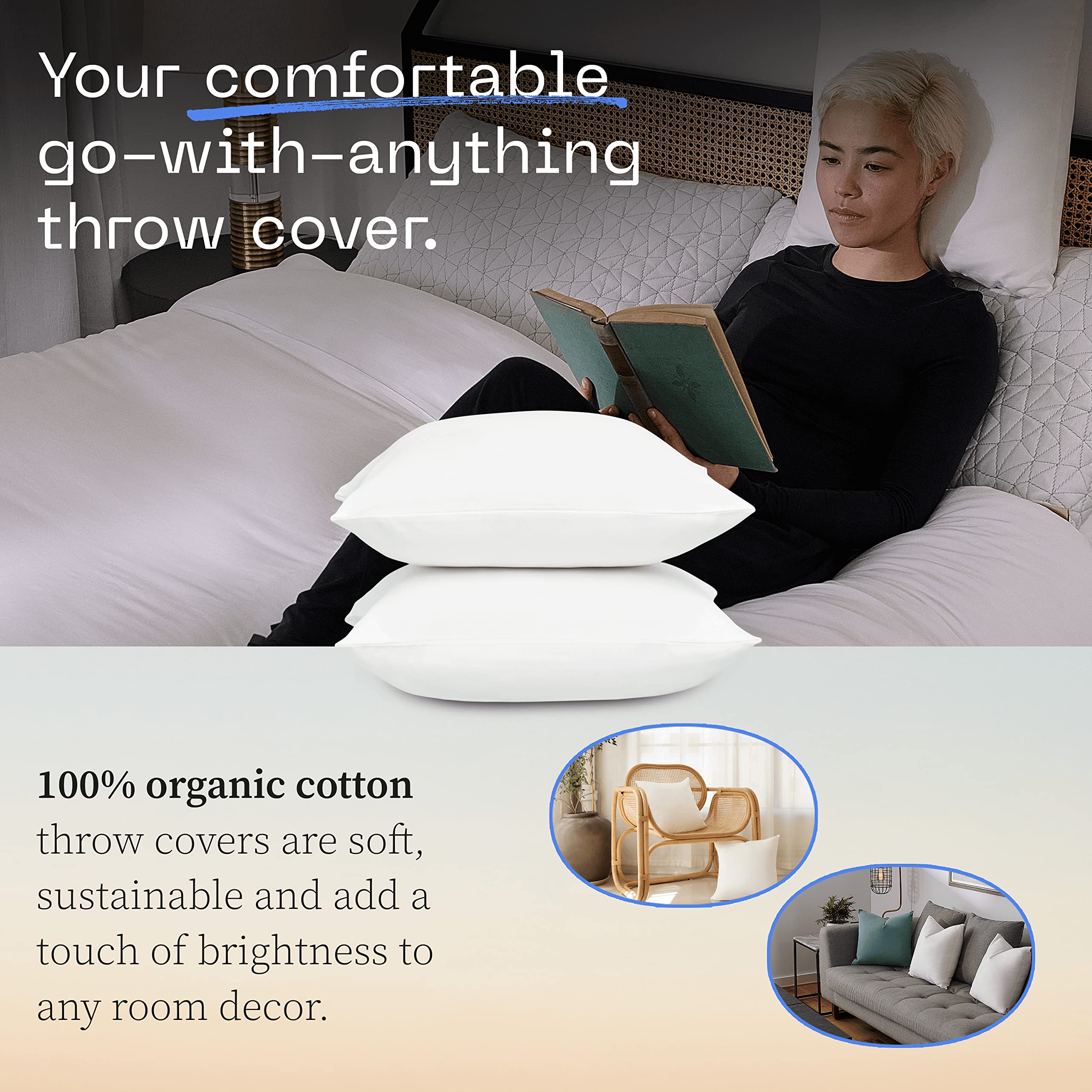 Coop Home Goods Organic Cotton Throw Pillow Covers Set of 2 - 18x18 Inch White Decorative Pillow Cases for Sofa, Bed, Couch & Living Room - Soft Breathable Luxury Pillowcases for Home Decor, Bedroom Styling & Cozy Comfort