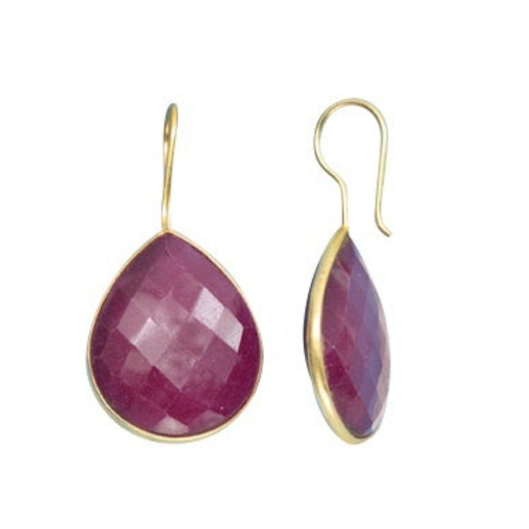 24x20mm Gold Plated Silver Ruby Earrings - Elegant Dangle Bezel Set Pear Gemstone Jewelry for Women, Perfect for Weddings, Parties & Special Occasions