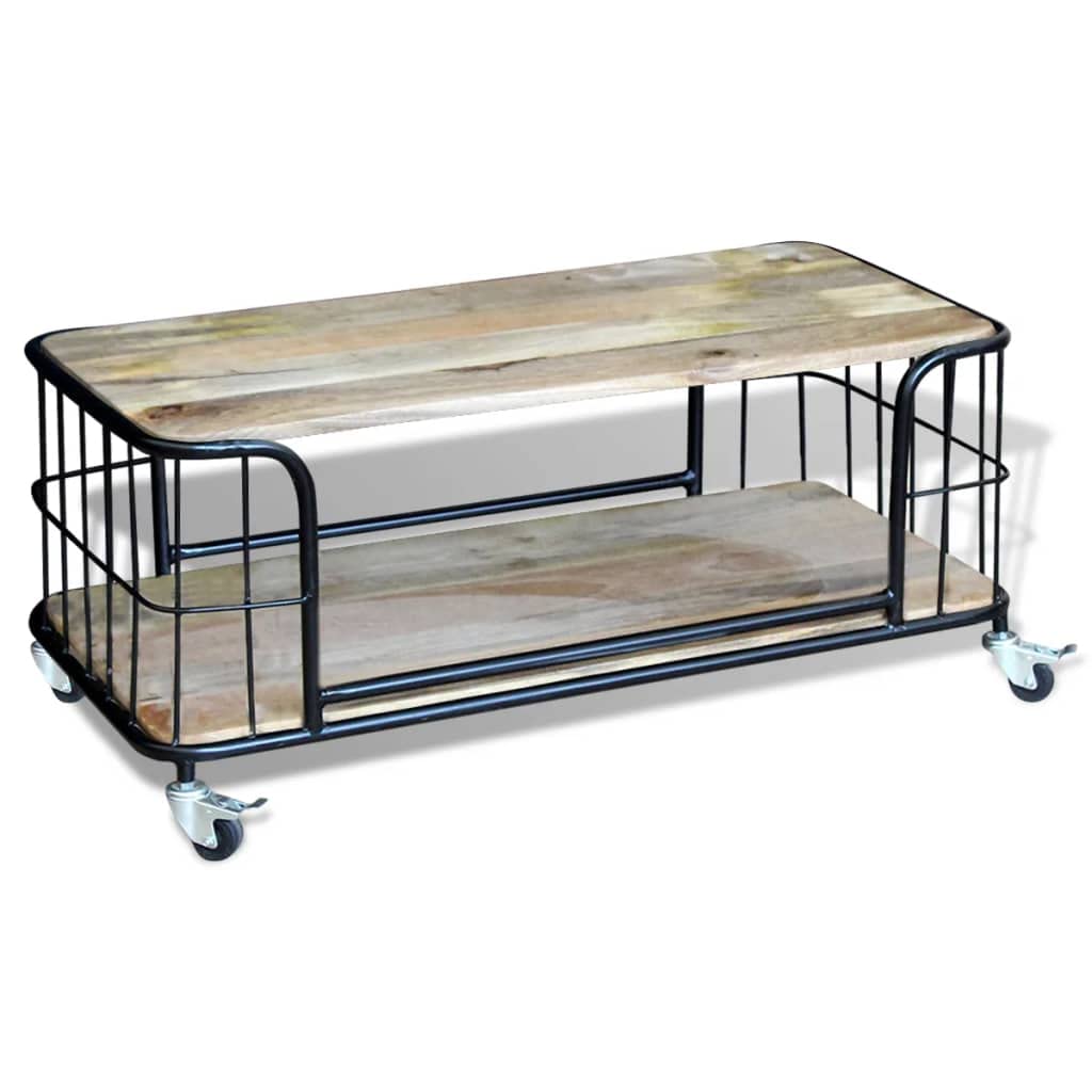 Rustic Solid Mango Wood Coffee Table with Storage and 4 Wheels - 39.4