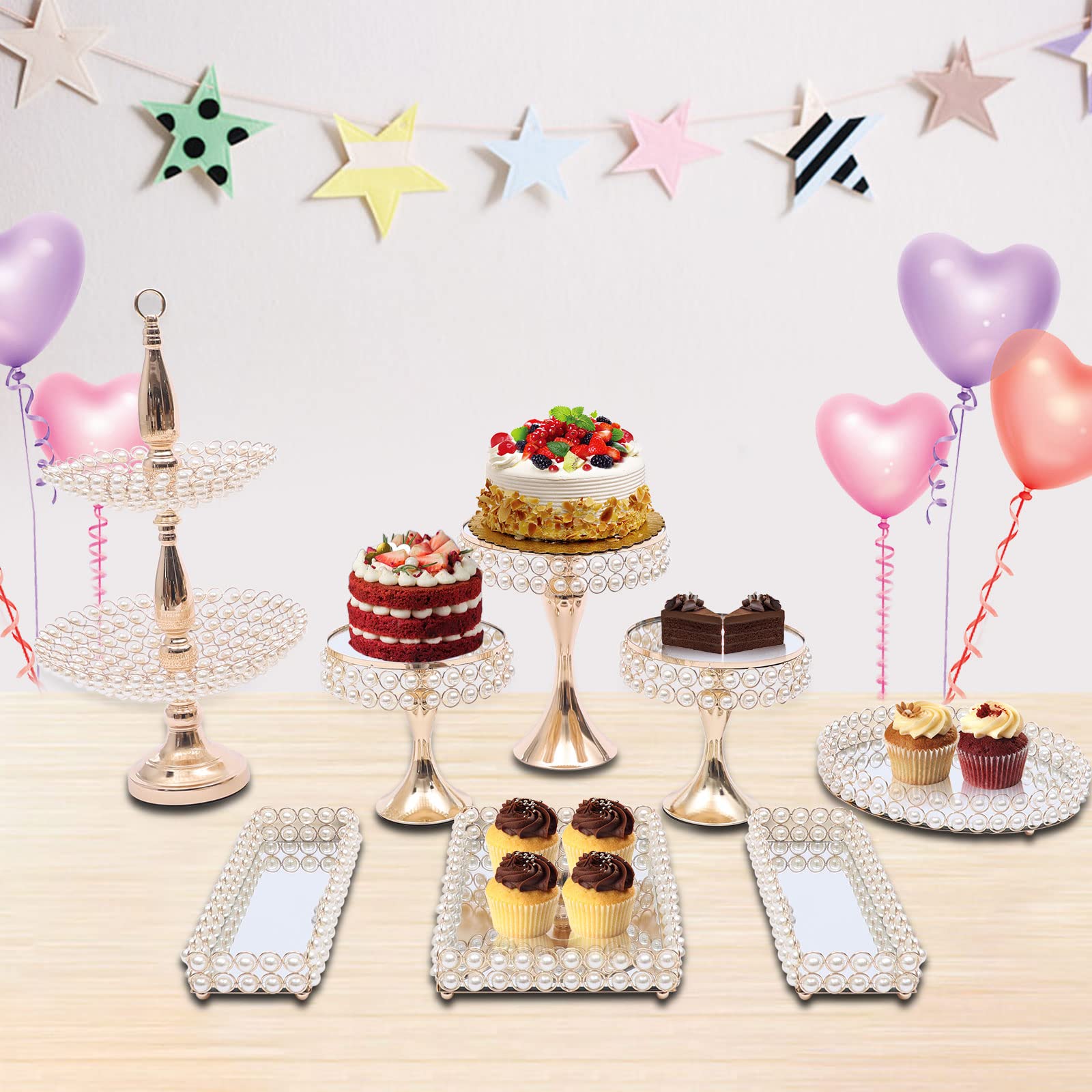 Premium Metal Cake Stand Set - Elegant Cupcake Holder & Dessert Display Tray with Crystal Accents for Weddings, Birthdays, Baby Showers | 8-Piece Party Serving Platter for Home Decor & Celebration Events