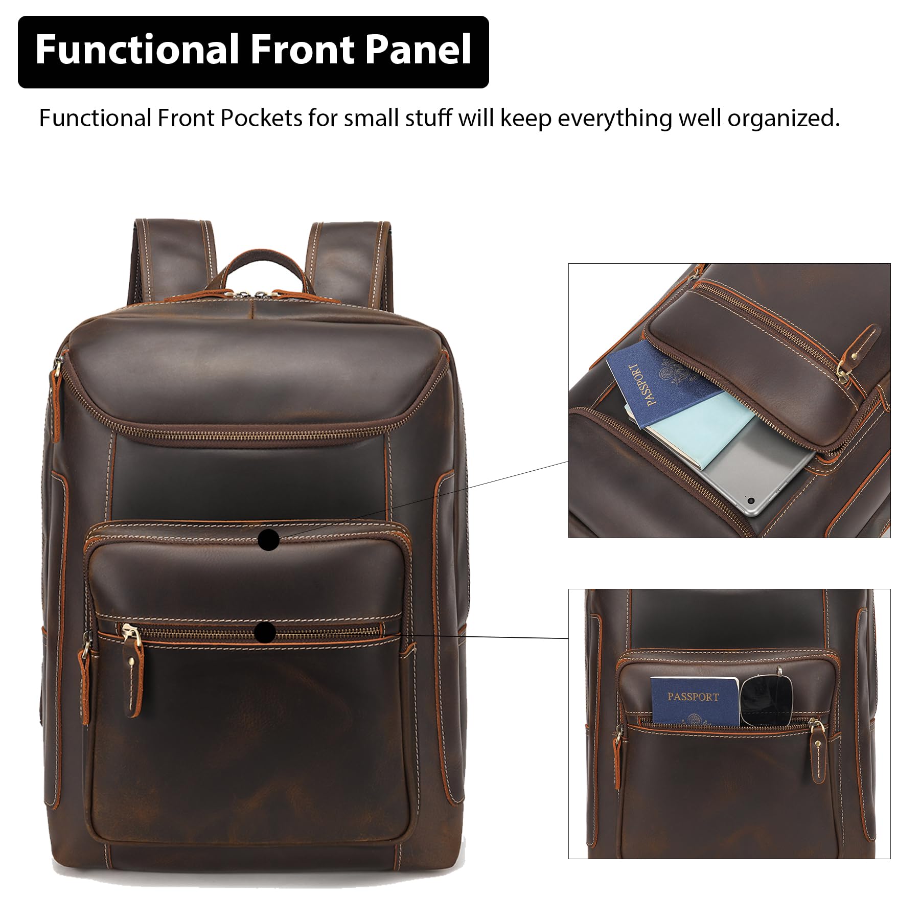 Premium Full Grain Leather Backpack for Men - 17 Inch Laptop Backpack with YKK Zippers - Durable Business Travel & Casual Outdoor Rucksack - Perfect for Work Commute, College Campus & Weekend Adventures