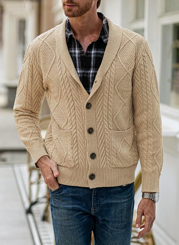 Men's Slim Fit Cable Knit Shawl Collar Cardigan Sweater with Pockets - Casual Button Up Pullover for Fall & Winter - Perfect for Office, Date Night and Weekend Outings