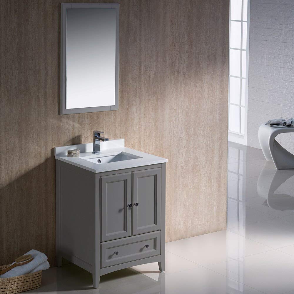 Fresca Oxford 24 Inch Gray Traditional Bathroom Vanity with Mirror - Modern Single Sink Bathroom Cabinet for Small Space (Faucet Sold Separately) | Perfect for Guest Bathrooms, Powder Rooms & Apartment Renovations