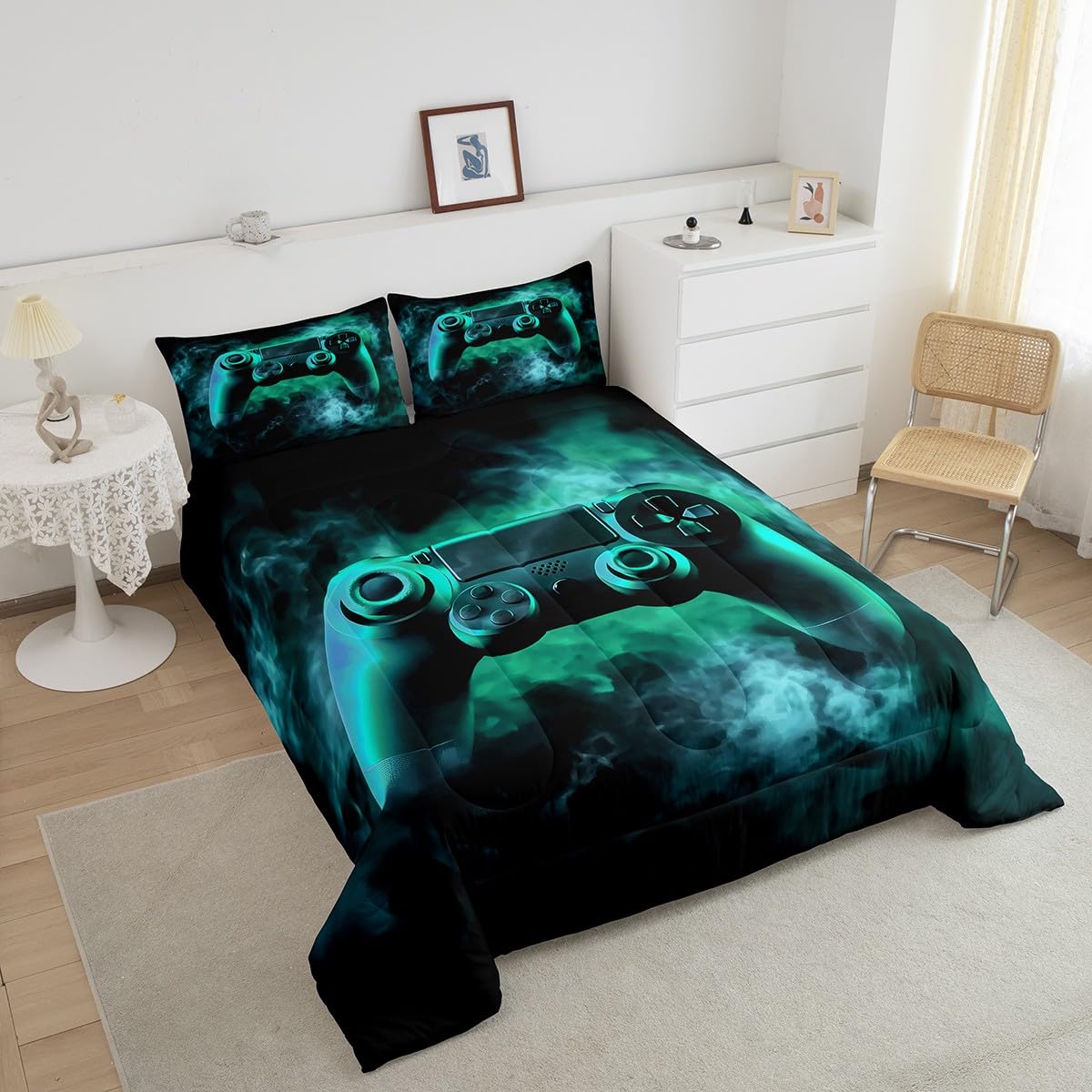 Erosebridal King Size Gaming Bedding Set for Boys & Kids - Green Gamer Comforter Set with Toddler Bed Sheets - Perfect for Teen Bedrooms, Game Room Decor & Sleepovers