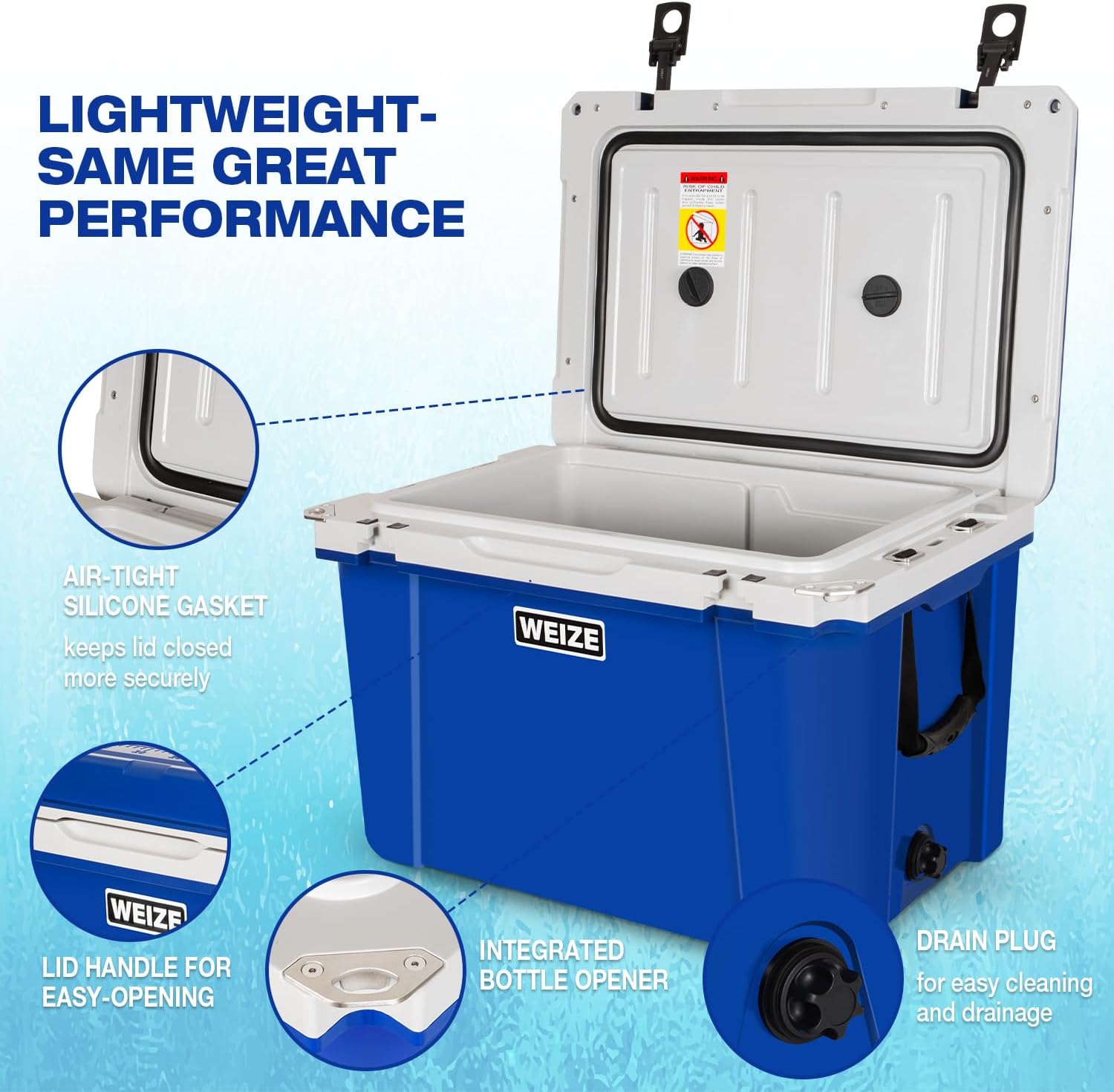 WEIZE 55 Quart Ultra Lightweight Hard Cooler - Insulated Ice Chest Box with Bottle Opener, Keeps Ice for 8 Days, Portable for Camping, Beach, Picnics & Outdoor Adventures (Blue)