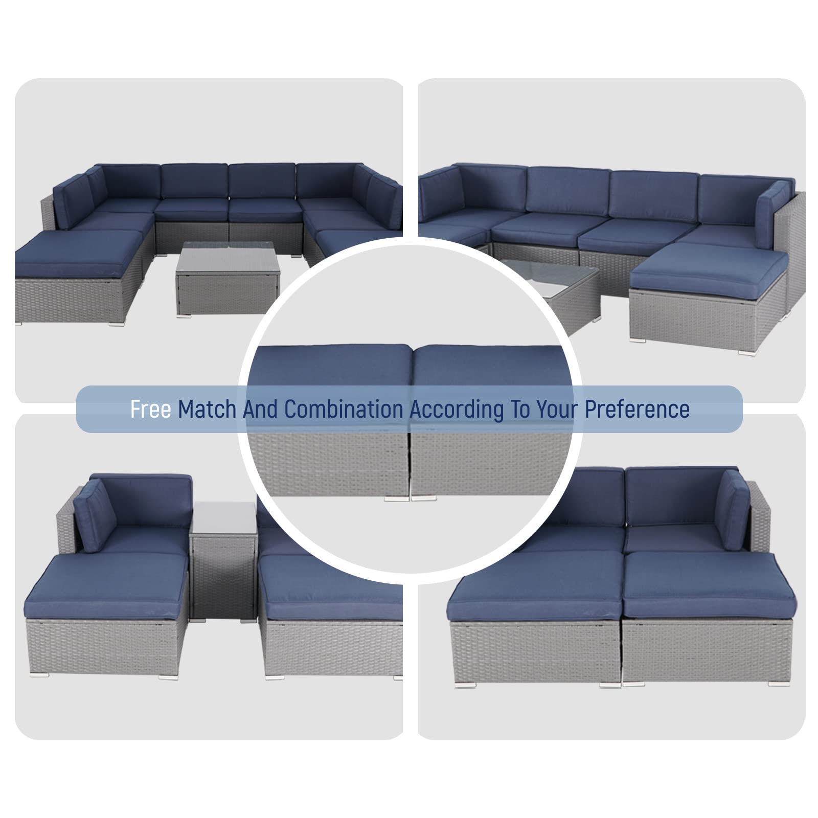 2-Piece Outdoor Ottoman Set - All-Weather Grey Wicker Footstool with Removable Cushions, Patio Rattan Furniture for Balcony, Backyard & Garden (Dark Blue) - Perfect for Relaxing, Entertaining & Outdoor Lounging