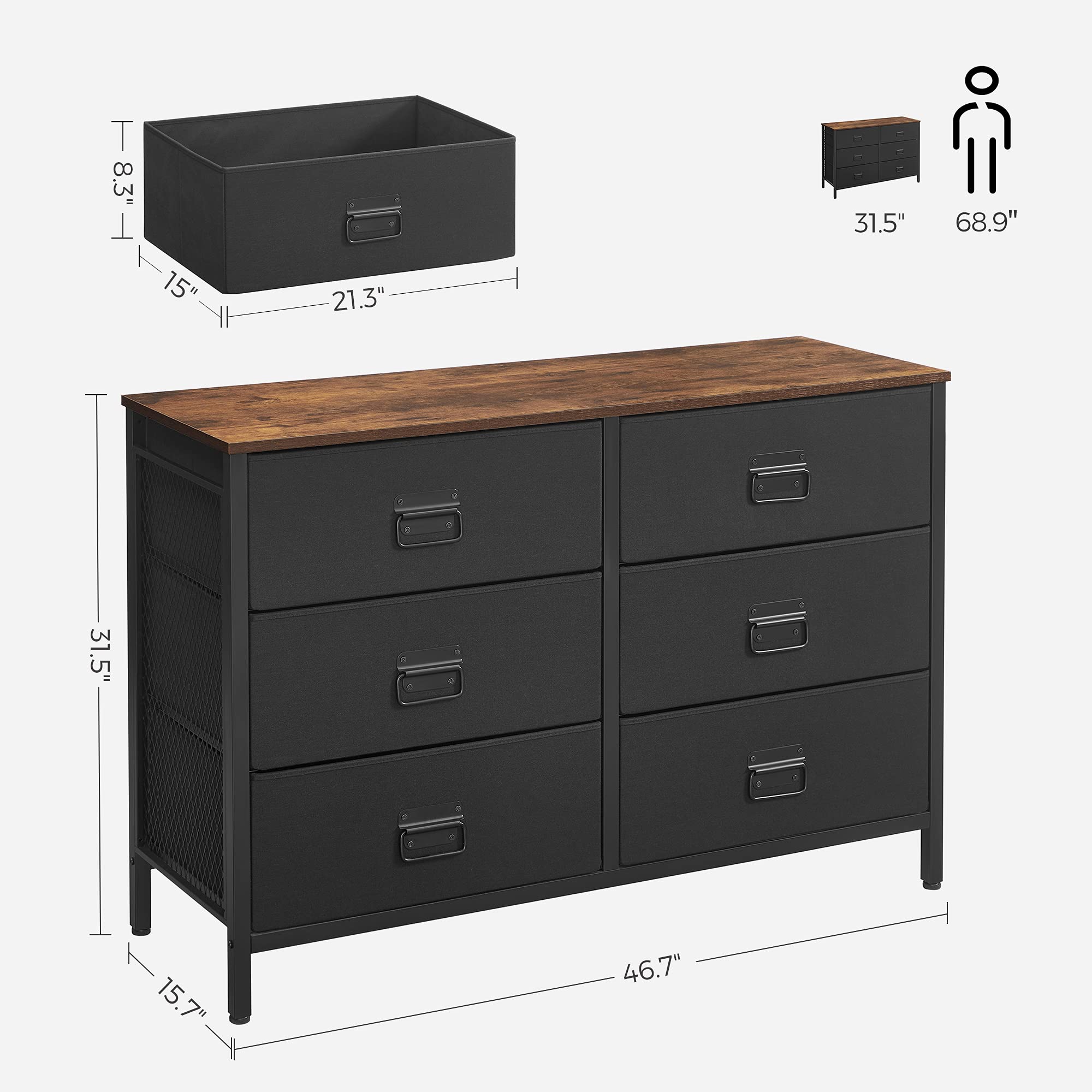 SONGMICS 6-Drawer Fabric Dresser for Bedroom, Rustic Brown & Black Storage Organizer with Steel Frame - Perfect for Bedroom, Living Room, Entryway Closet Organization | ULTS223B01