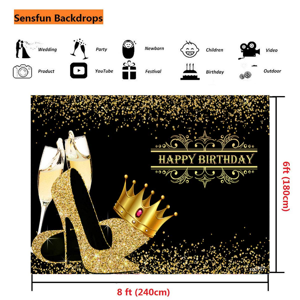 Shiny Golden Crown & Champagne High Heels Birthday Backdrop - 8x6ft Black Gold Sequin Photography Background for Women's Queen Themed Party, Adult Bday Decor & Photo Booth | Perfect for Birthday Celebrations, Women's Parties & Themed Events