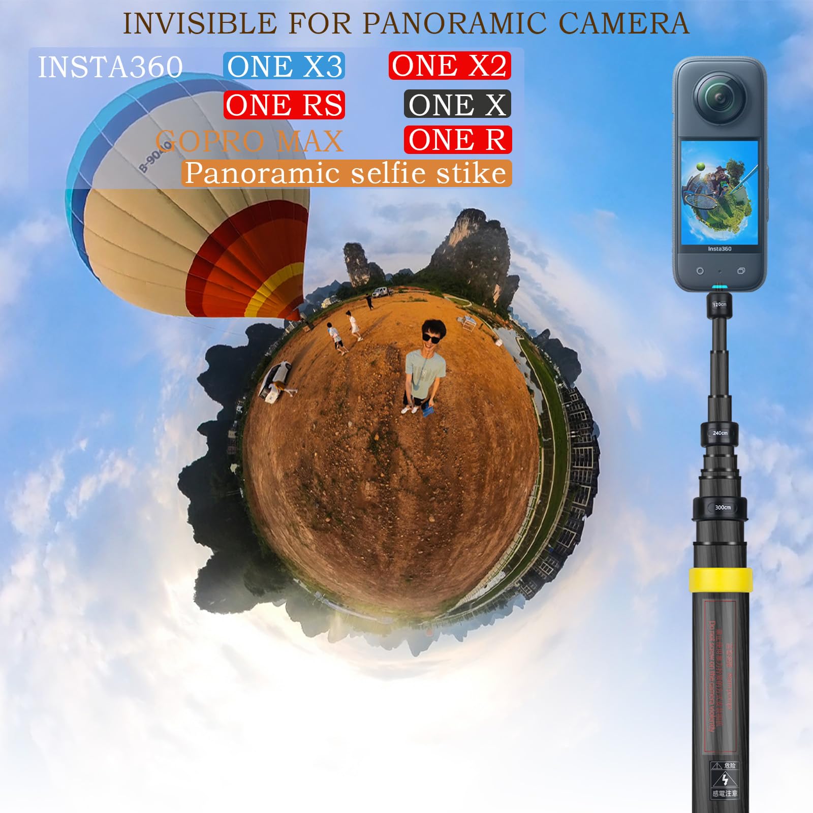 3M 9.8ft Carbon Fiber Extended Edition Invisible Selfie Stick for Insta360 X4 X3 ONE X2 ONE R ONE X ONE RS GO 2 ONE Action Camera (Yellow) - Perfect for Vlogging, Travel Adventures, and 360° Photography