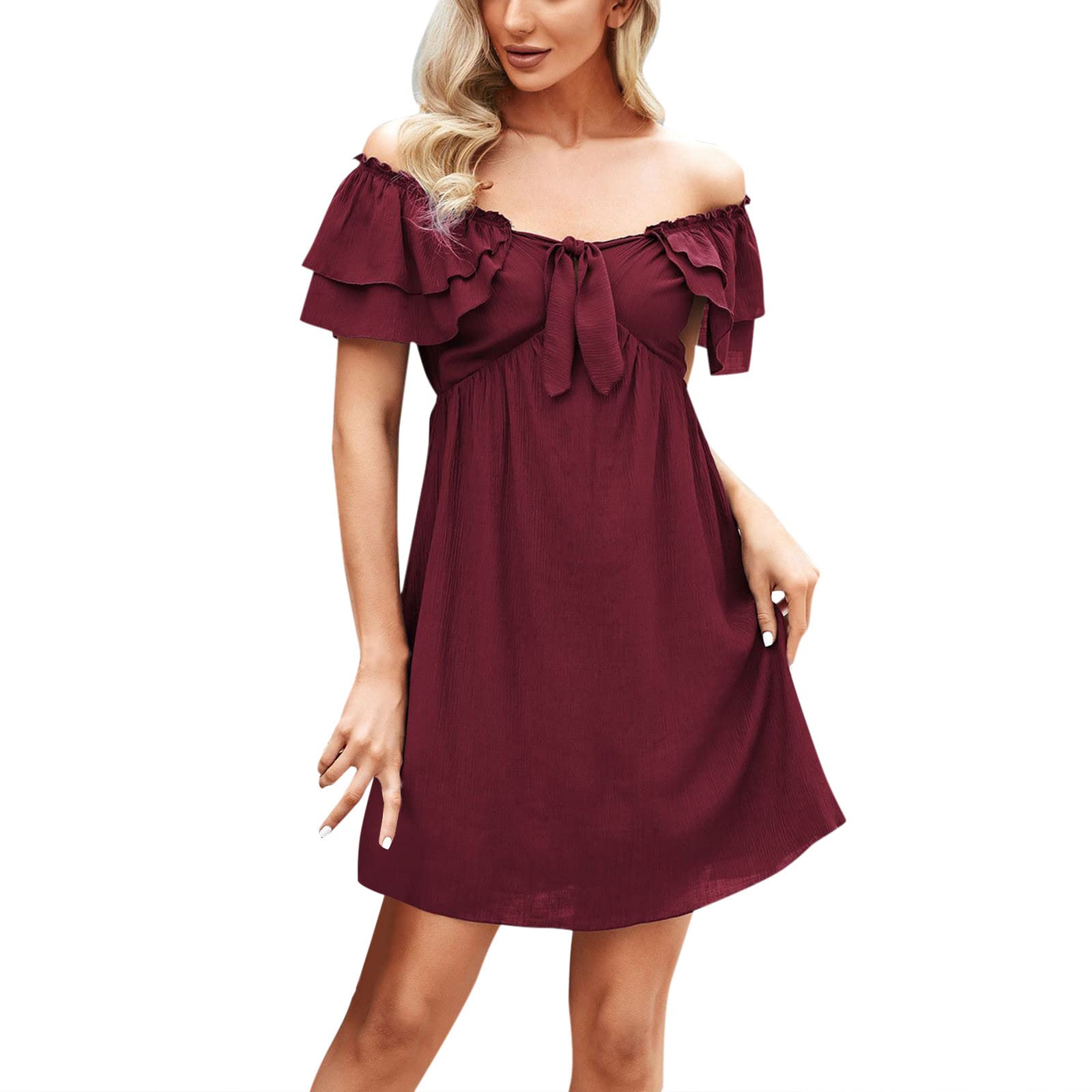 Women's Summer Ruffled Off-Shoulder Solid Color A-Line Mini Dress - Long Sleeve Casual Flowy Dress for Beach, Party & Date Night