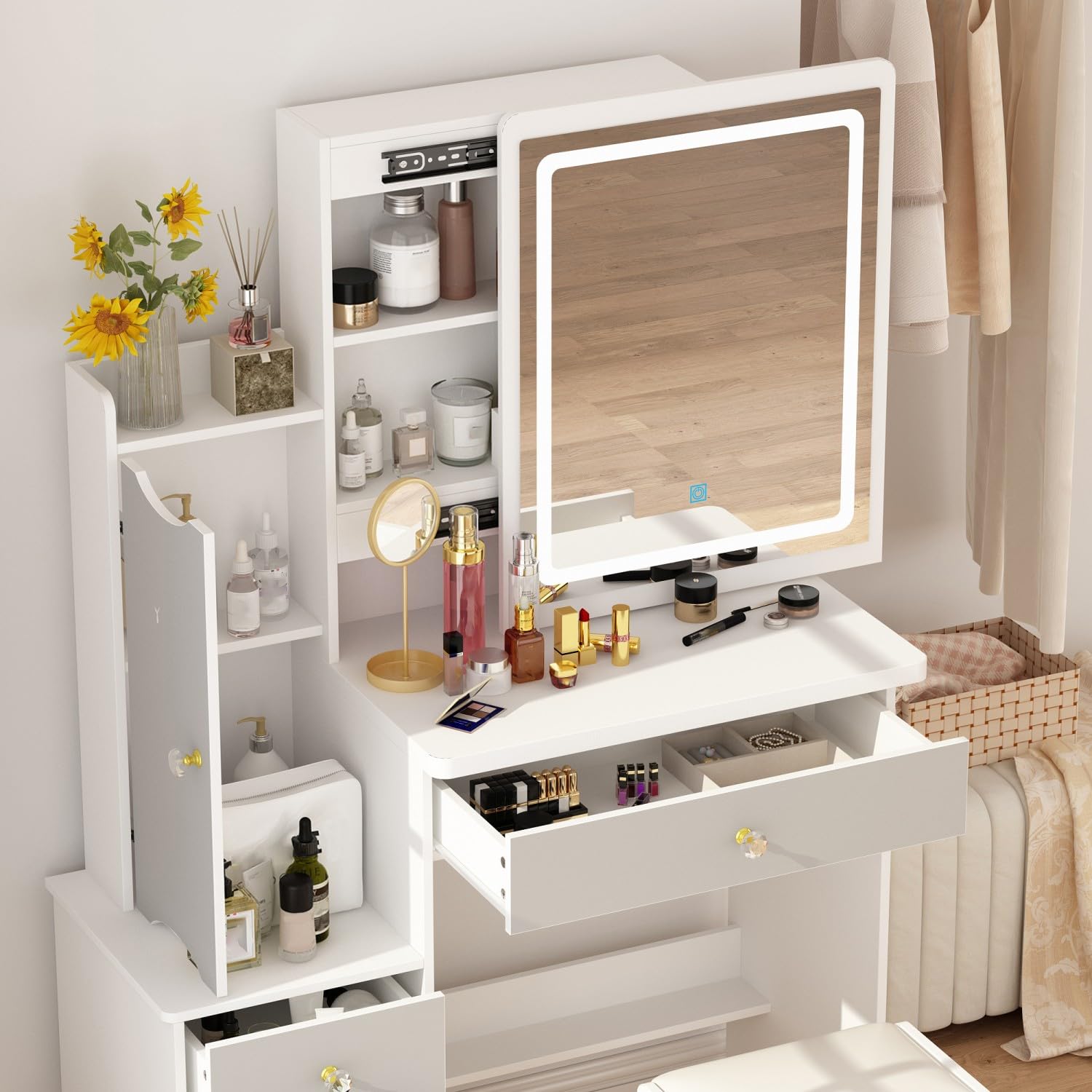 FAMAPY White and Grey Vanity Desk with Mirror & LED Lights, Makeup Dressing Table with Sliding Lighted Mirror, Cushion Stool, Drawers & Shelves - Perfect for Bedroom, Dorm Room & Beauty Salon Decor
