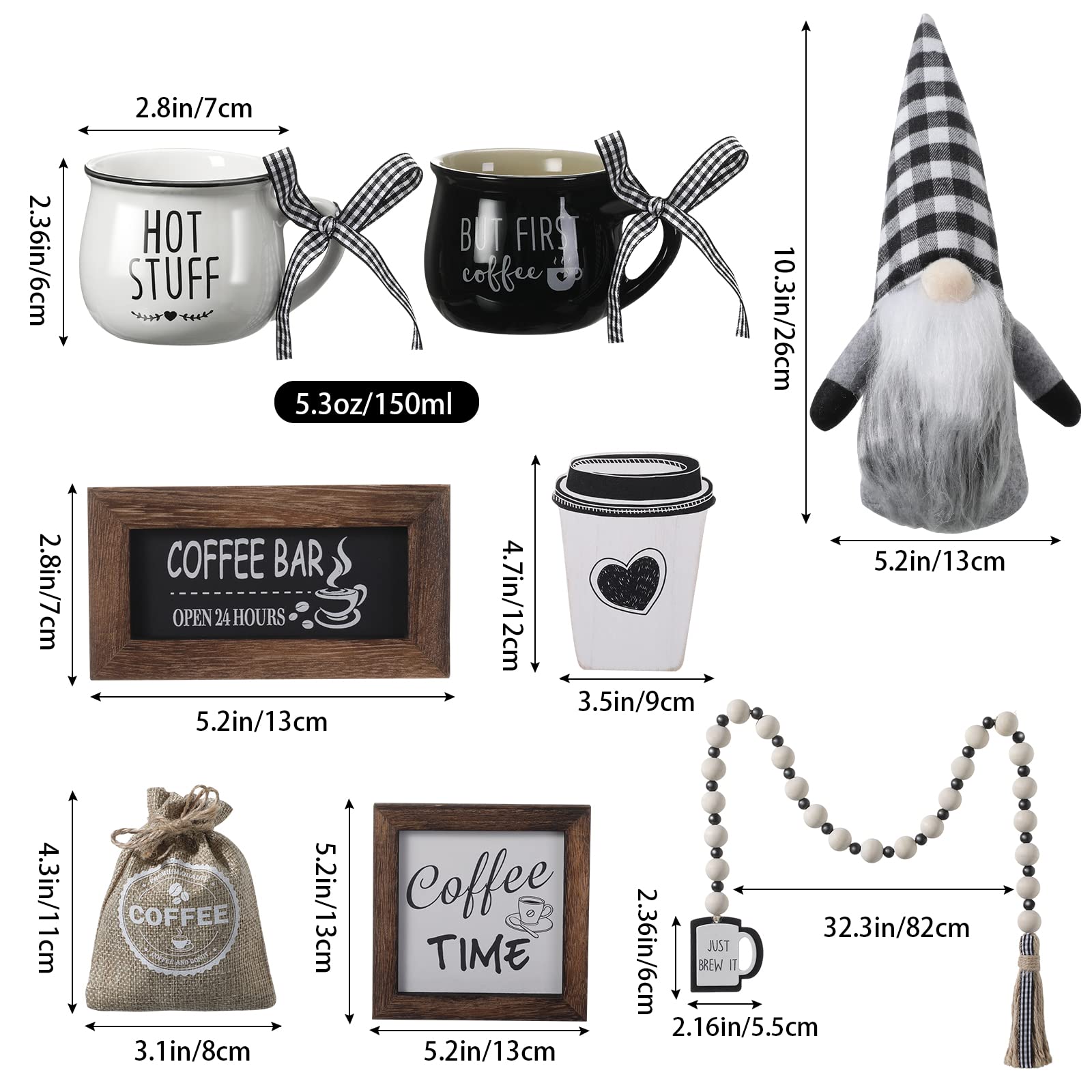 8-Piece Coffee Bar Decor Set - Farmhouse Tiered Tray Decorations with Wooden Coffee Signs, Mini Mugs & Bead Garland | Rustic Kitchen Table & Coffee Station Decor for Home, Cafe, and Office