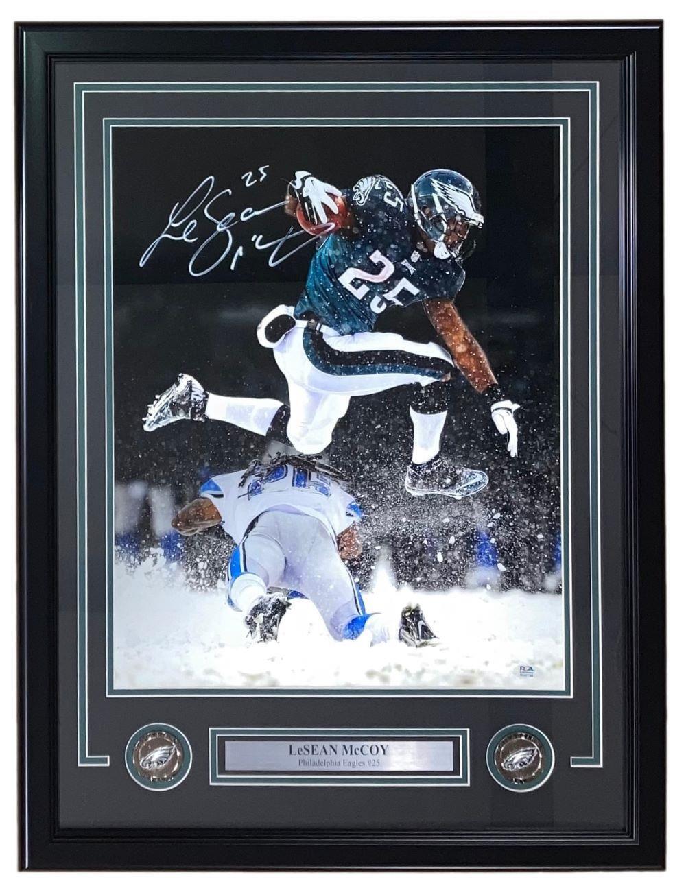 Authentic LeSean McCoy Signed Framed 16x20 Philadelphia Eagles Snow Game Hurdle Photo with PSA/DNA Certification - Perfect for Eagles Fans, Sports Memorabilia Collectors & Man Cave Decor